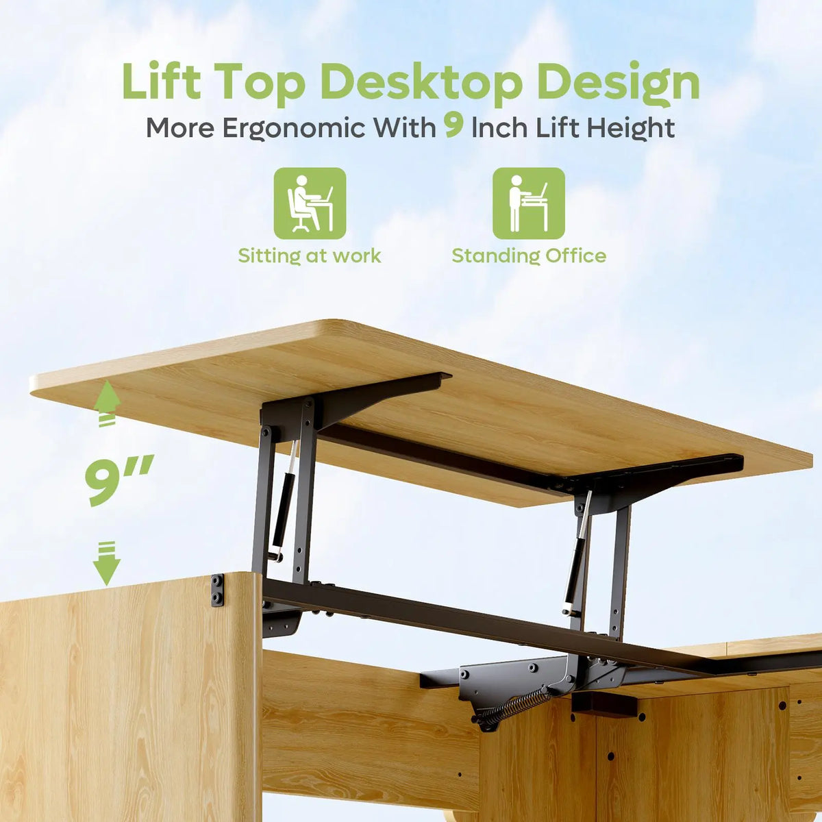 Bestier 55" L-Shaped Office Desk with Lift Top, Fluted Drawers, Brown Oak Finish Bestier