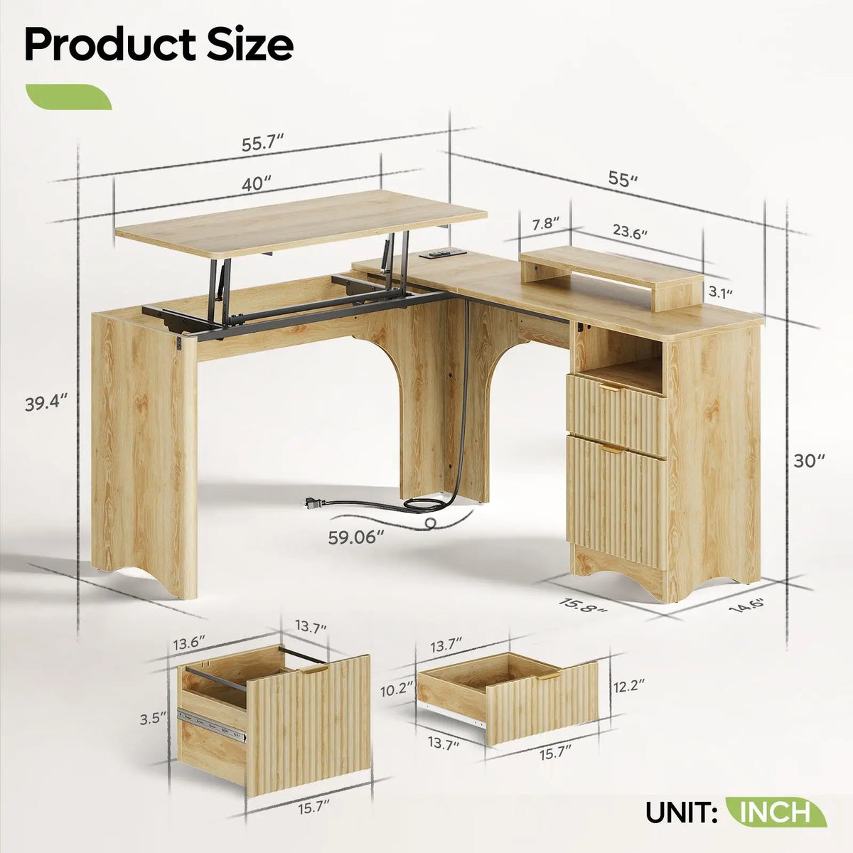 Bestier 55" L-Shaped Office Desk with Lift Top, Fluted Drawers, Brown Oak Finish Bestier