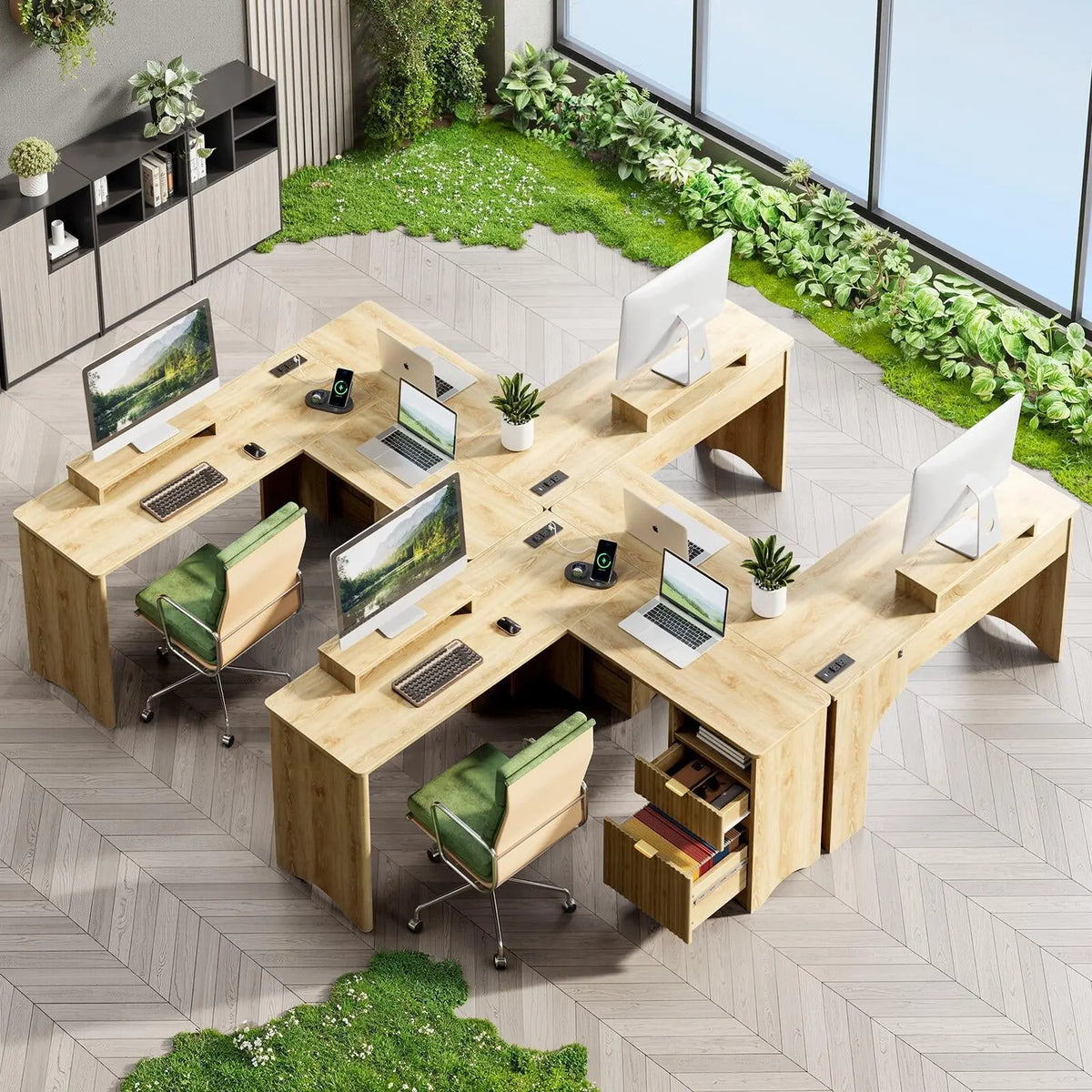 Bestier 55" L-Shaped Office Desk with Lift Top, Fluted Drawers, Brown Oak Finish Bestier