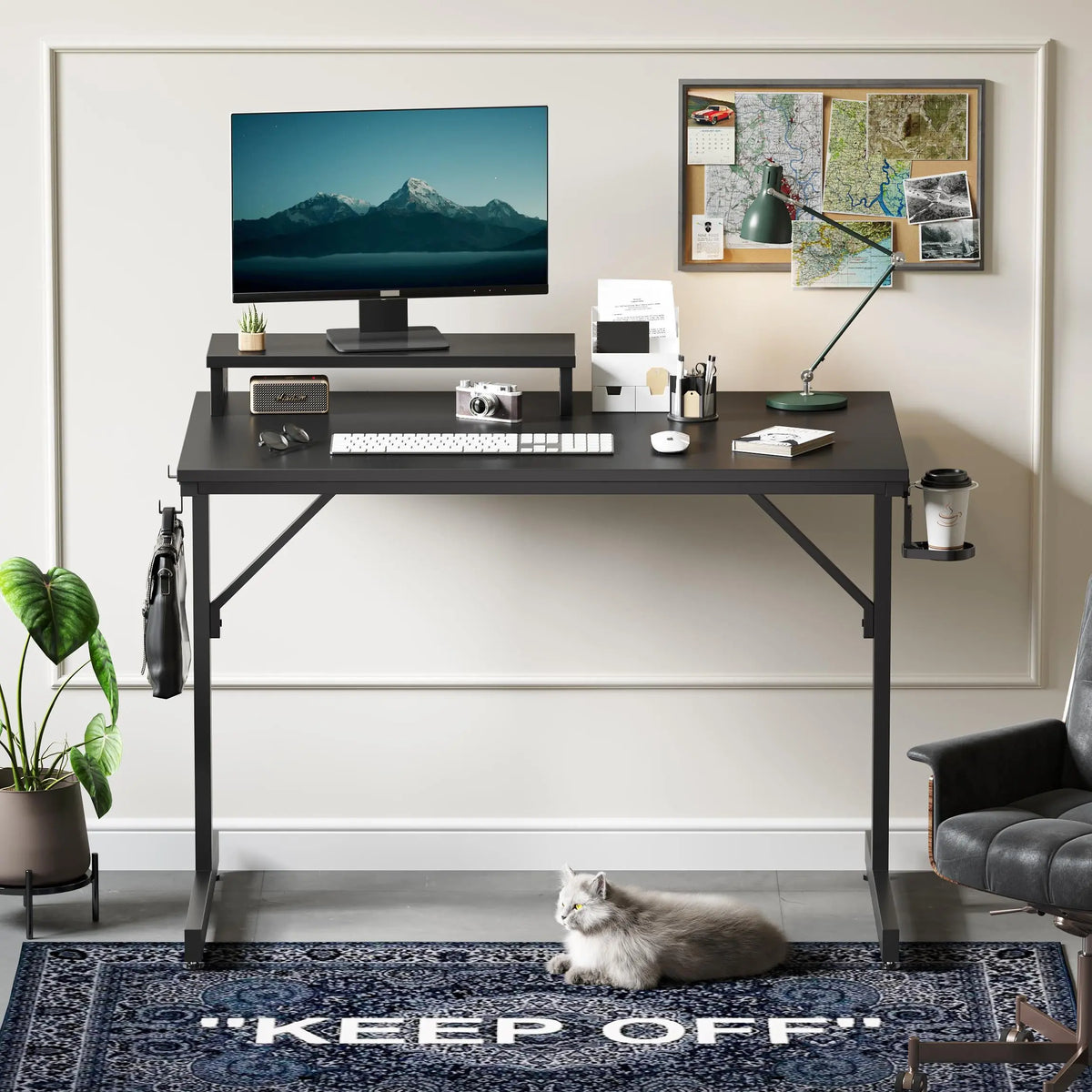 Bestier 42-in Ergonomic Gaming PC Desk - LED Table with RGB LED Light Strip, Adjustable Height, Waterproof Carbon Fiber Surface, Monitor Riser, Cup Holder, Headset Hooks, Modern Office Furniture for Dual Monitor WFH Setup Bestier