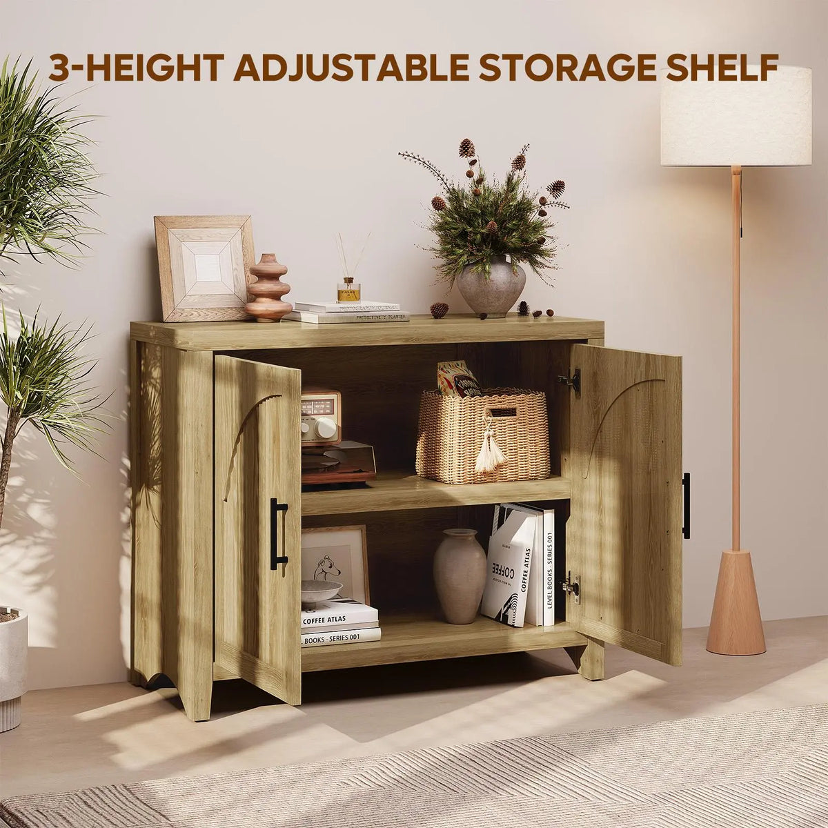 Bestier 37 "W Fluted Sideboard Buffet Cabinet with Storage, Natural Oak Bestier