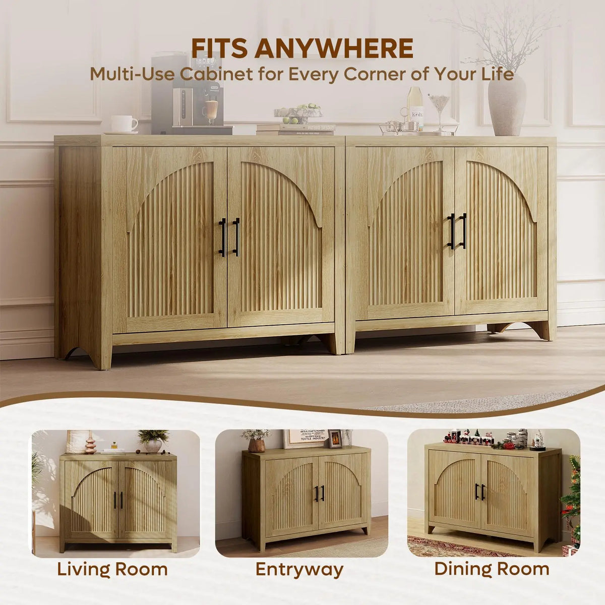 Bestier 37 "W Fluted Sideboard Buffet Cabinet with Storage, Natural Oak Bestier
