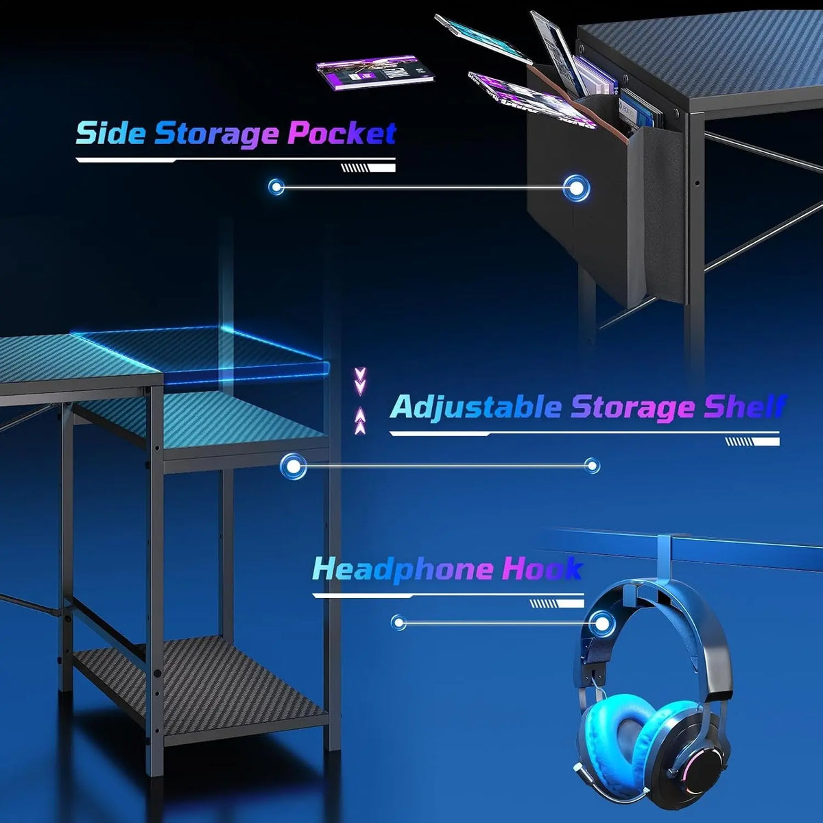 51.2'' Gaming Desk with LED Lights, Carbon Fiber Black Reversible Shelves, LED Lights, 4-Tier Storage Shelves, Side Storage Bag, Headphone Hook, Foldable Cup Holder, Home Office Bestier