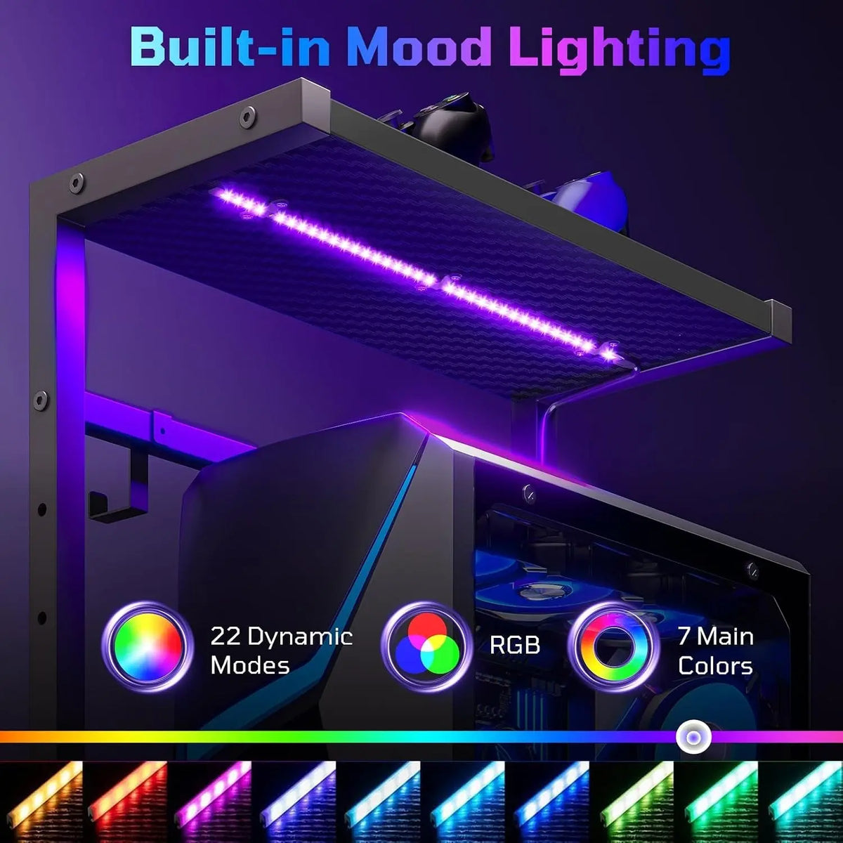 51.2'' Gaming Desk with LED Lights, Carbon Fiber Black Reversible Shelves, LED Lights, 4-Tier Storage Shelves, Side Storage Bag, Headphone Hook, Foldable Cup Holder, Home Office Bestier