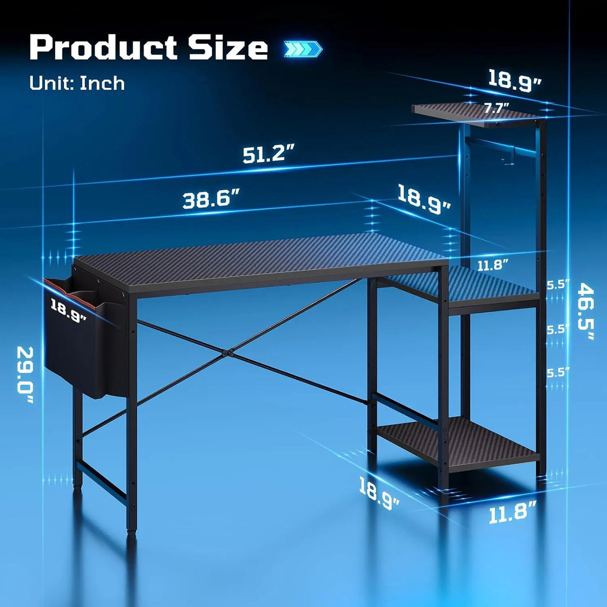 51.2'' Gaming Desk with LED Lights, Carbon Fiber Black Reversible Shelves, LED Lights, 4-Tier Storage Shelves, Side Storage Bag, Headphone Hook, Foldable Cup Holder, Home Office Bestier