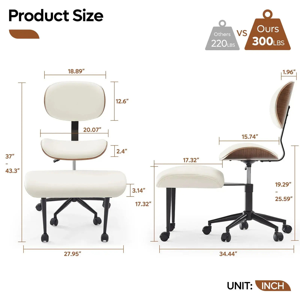 Bestier ergonomic PU leather office chair dimensions & 300 lbs capacity diagram.