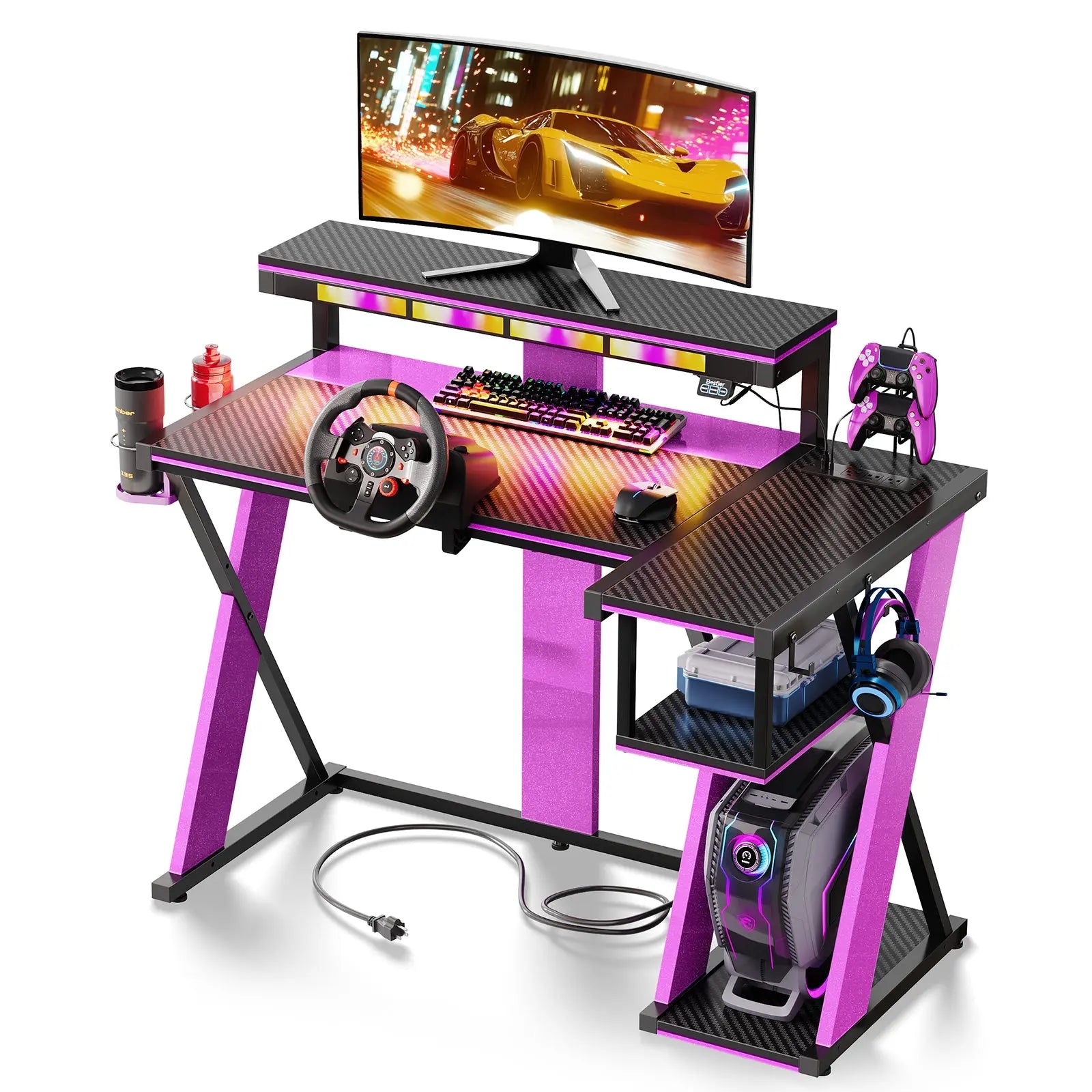 42-inch L-shaped Gaming Desk with RGB Music Sync Lights, 3 AC Outlets & Dual Cup Holders, Black Purple Bestier