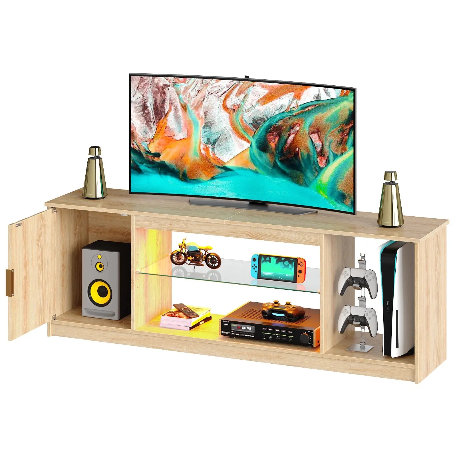 57" Gaming TV Stand with Adjustable Shelves LED-Lit TV Console for 65-Inch TVs with Cabinet Storage Bestier