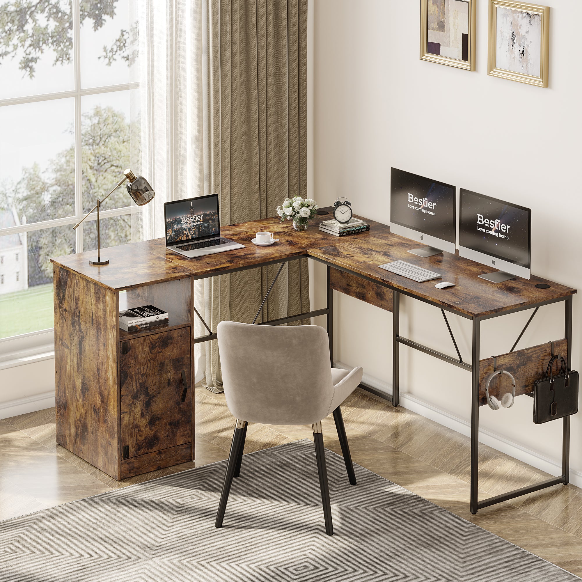 Bestier Reversible 60" L Shaped Corner Computer Desk with Removeable Hooks, 95" Long Table Desk with Storage Cubby & Cabinet for Home Office