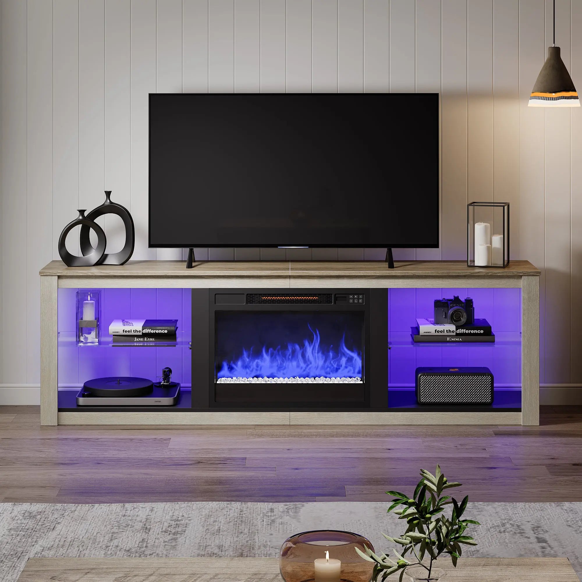 Bestier 70-inch fireplace TV stand with purple RGB lights and adjustable glass shelves