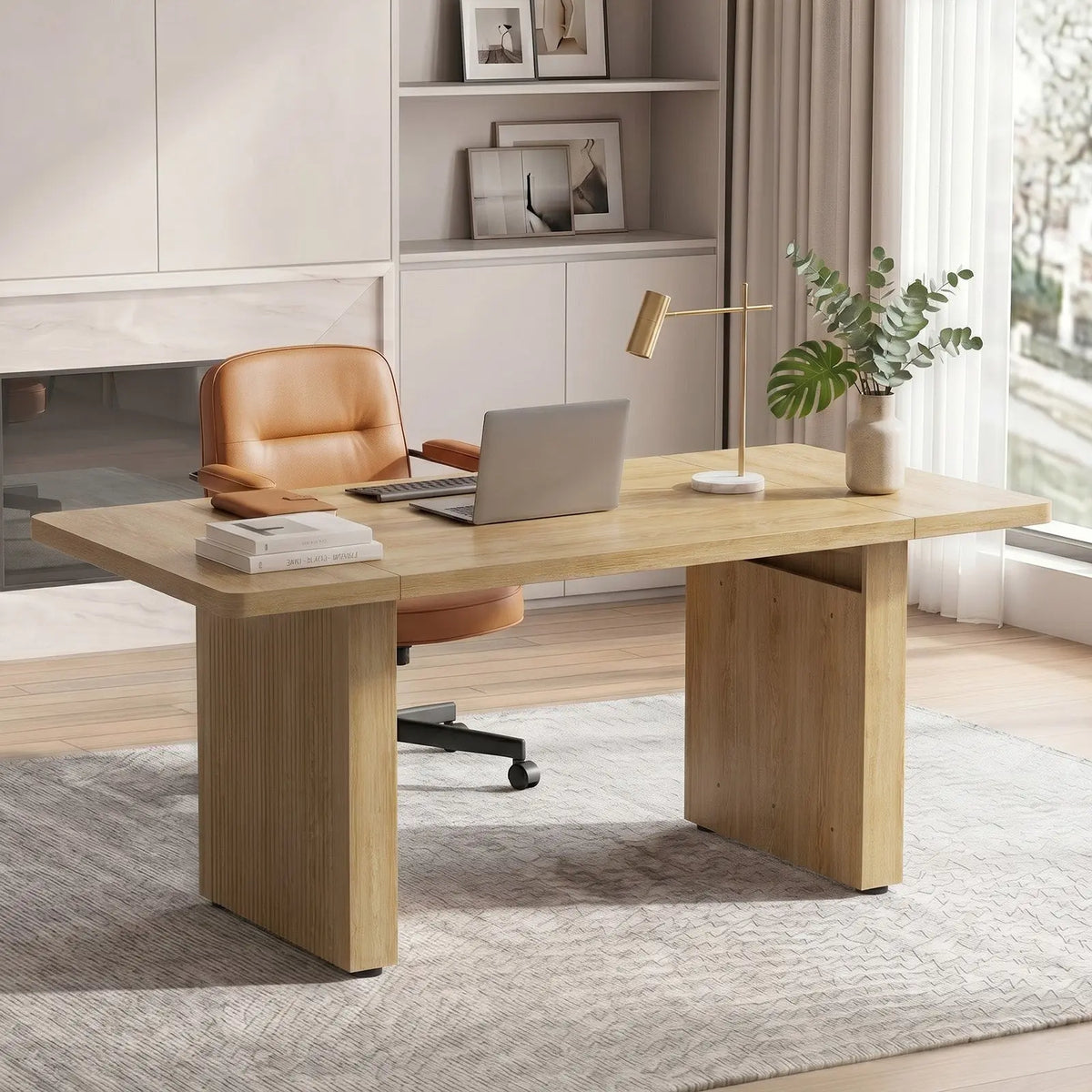Bestier 63 Inch Wood Executive Desk, Fluted Office Desk Natural Oak Bestier