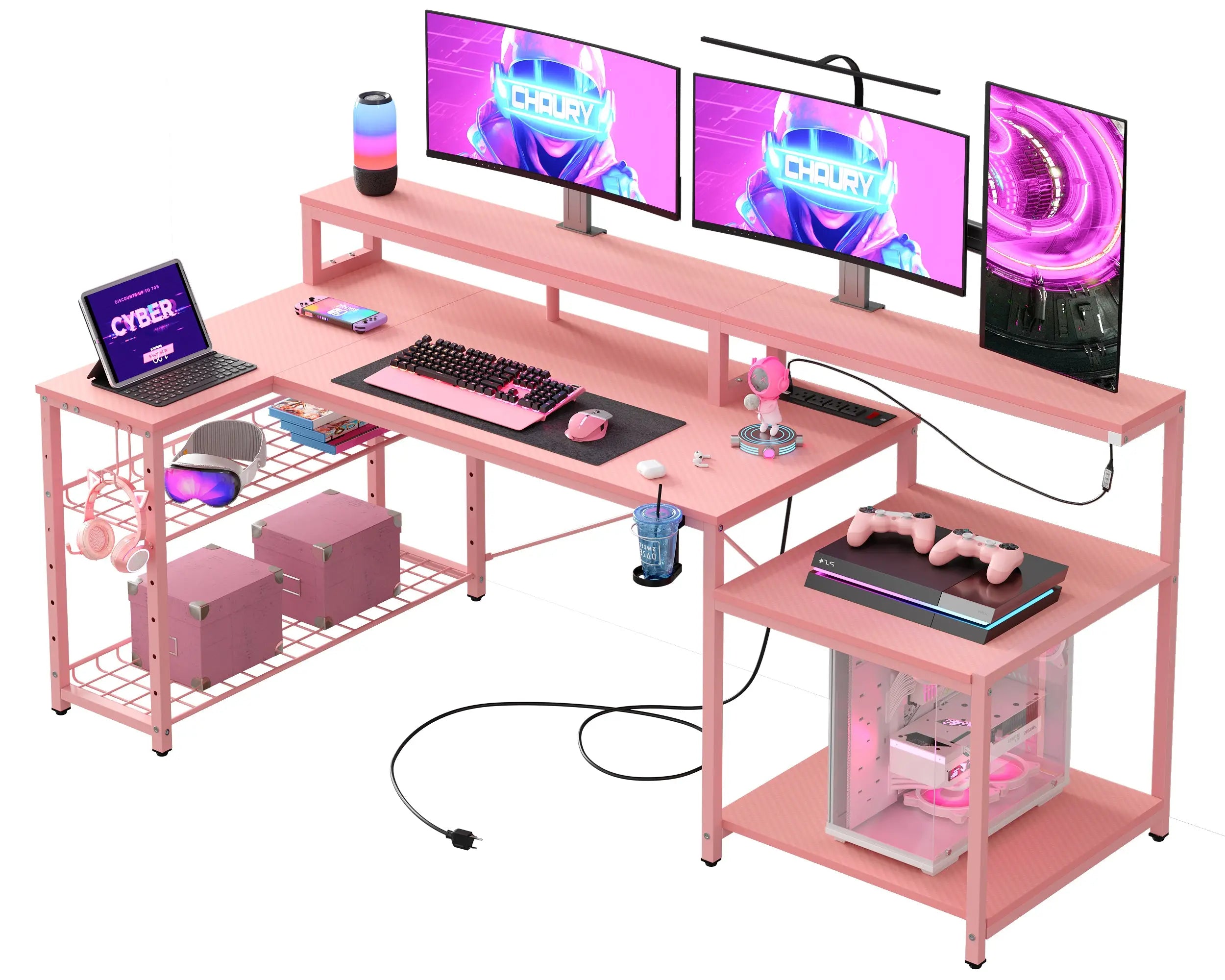 Bestier - L-Shaped Gaming Desk with Power Outlets, LED Lighting and Monitor Stand Bestier