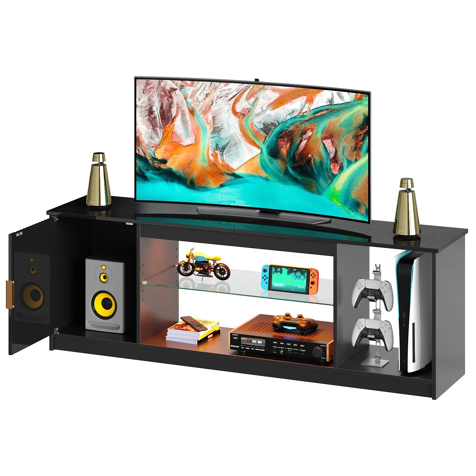 Bestier Fluted TV Stand for TVs up to 65 inch with LED Lights, High Glossy Entertainment Center with Storage Cabinet & Shelves Bestier