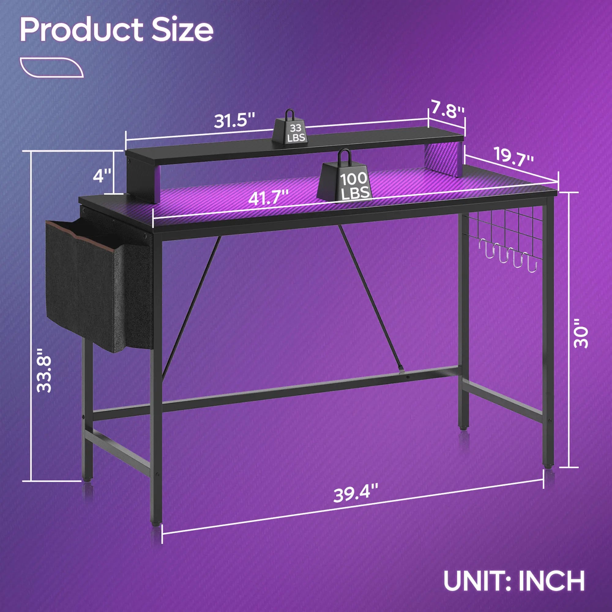 Bestier 41.7 inch Gaming Desk with LED Monitor Stand, Storage Pocket, Grid Side Frame, for Gaming Room and Home Office Bestier