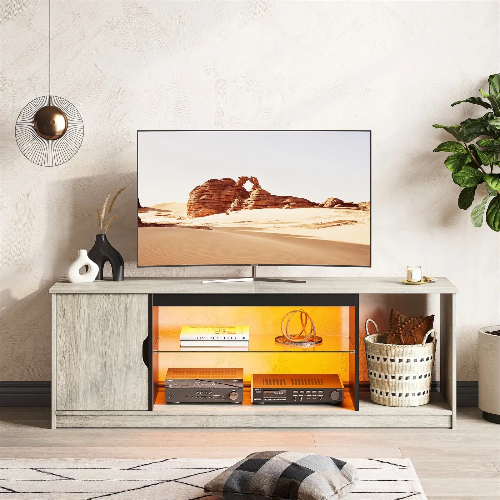 57-inch Gaming TV Stand with RGB Lights, Adjustable Glass Shelves & PS Console Storage Bestier