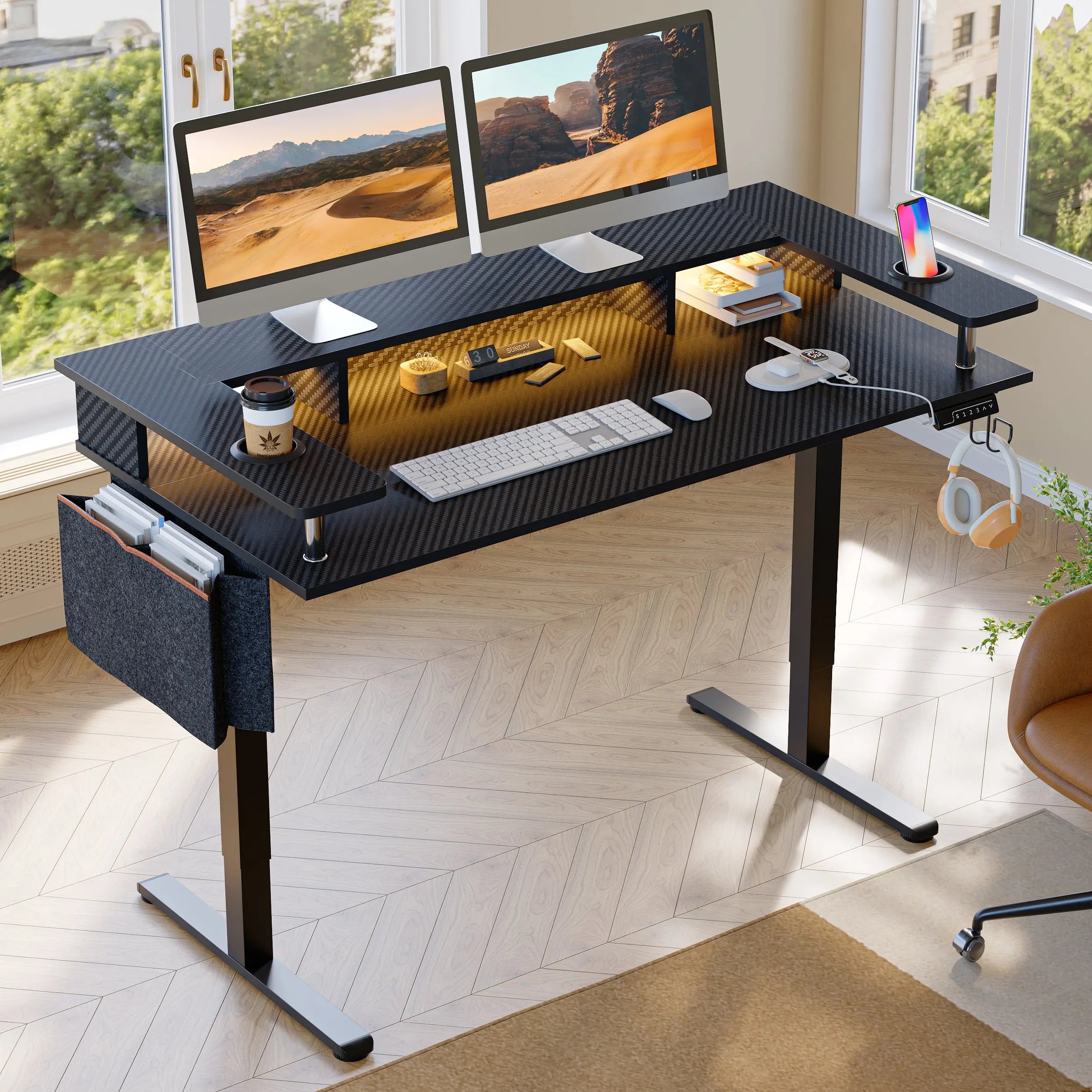 Bestier 58" Wide Electric Standing Desk Adjustable with LED Light Storage and Monitor Stand Bestier