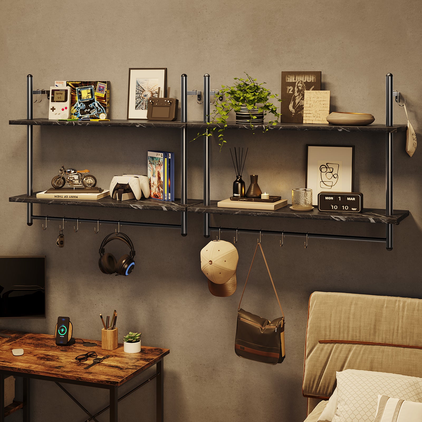 Bestier Industrial 2-Tier Wall-Mounted Bookshelf Plant Stand Shelf Baker's Racks with 8 S-Hooks