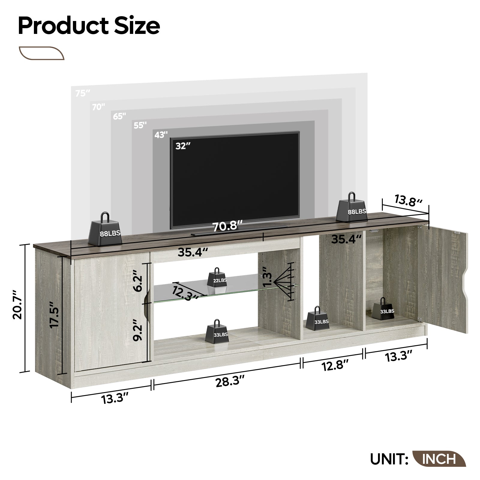 Bestier 70" TV Stand with Storage and LED Light Strips Up to 75"