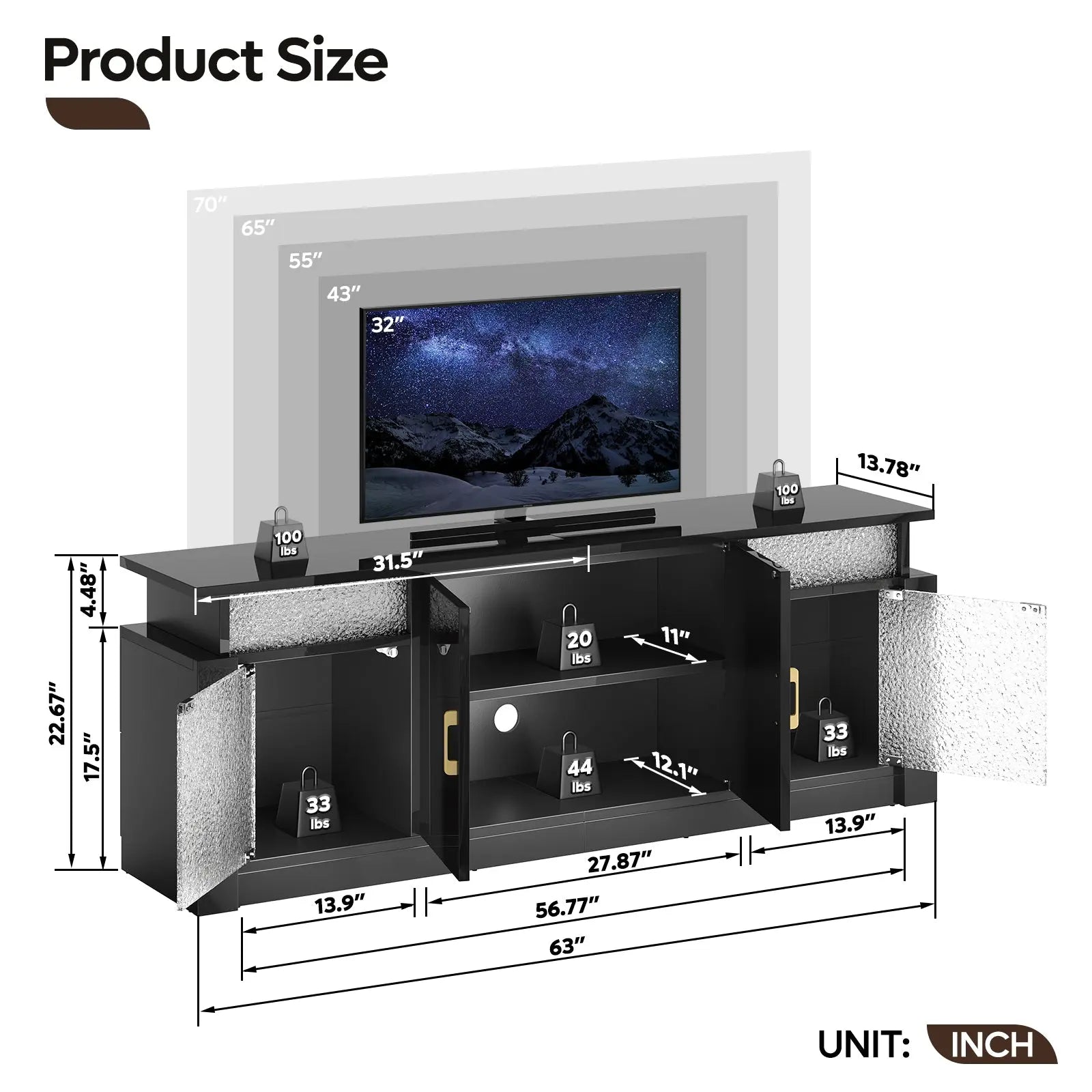 Modern TV Stand for 55-65" TVs, LED-Lit Entertainment Center with Adjustable Shelves, Enclosed Storage & Transparent Acrylic Doors for Living Room & Gaming Rooms Bestier