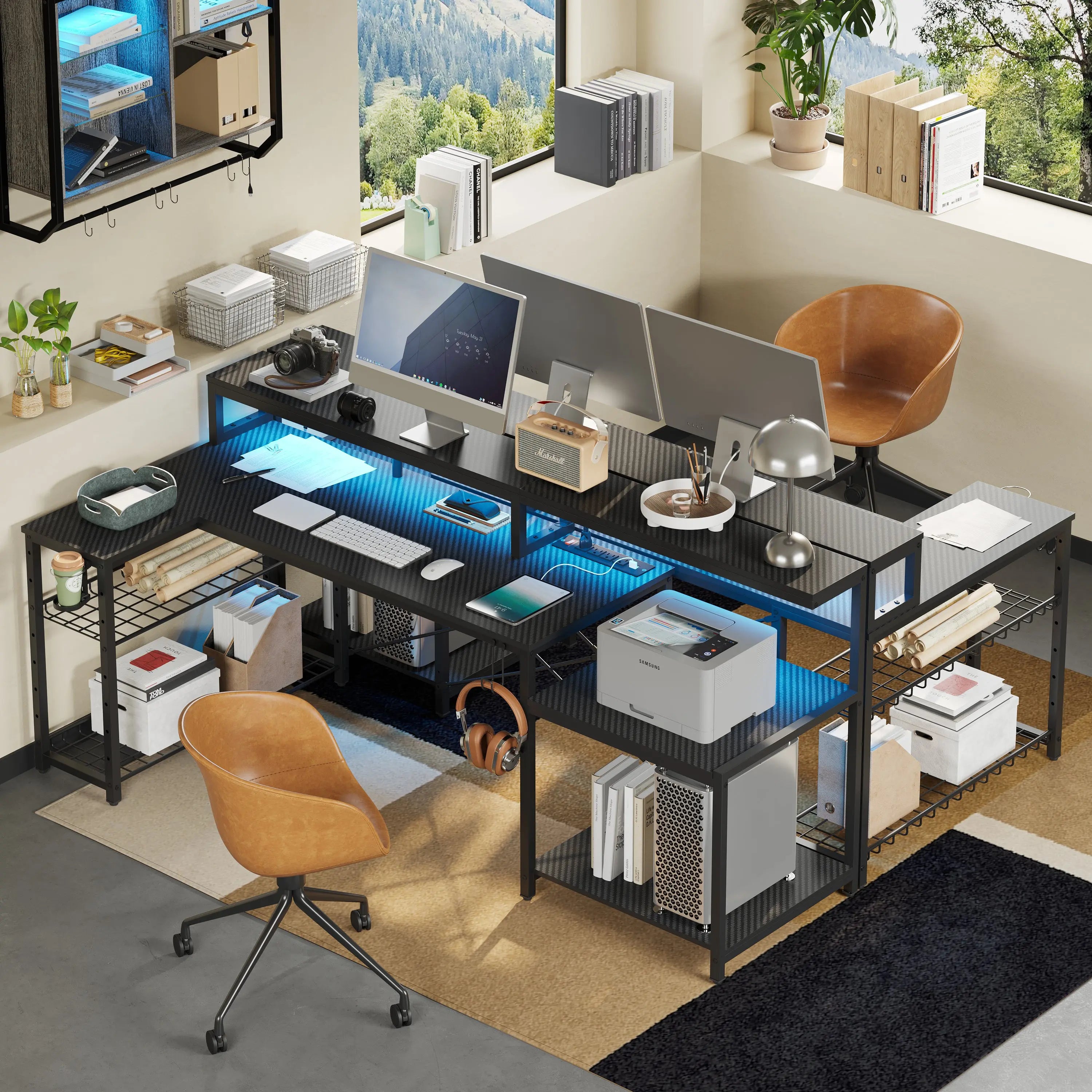 Bestier - L-Shaped Gaming Desk with Power Outlets, LED Lighting and Monitor Stand Bestier