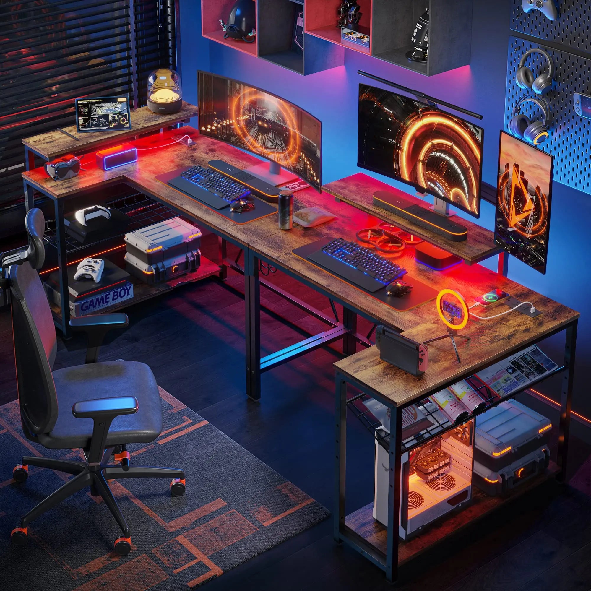 Bestier 42" Reversible L-Shaped Gaming Desk with Power Outlets LED Lights and Monitor Stand &Storage Shelves & Hooks for Bedrooms & Home Offices Bestier