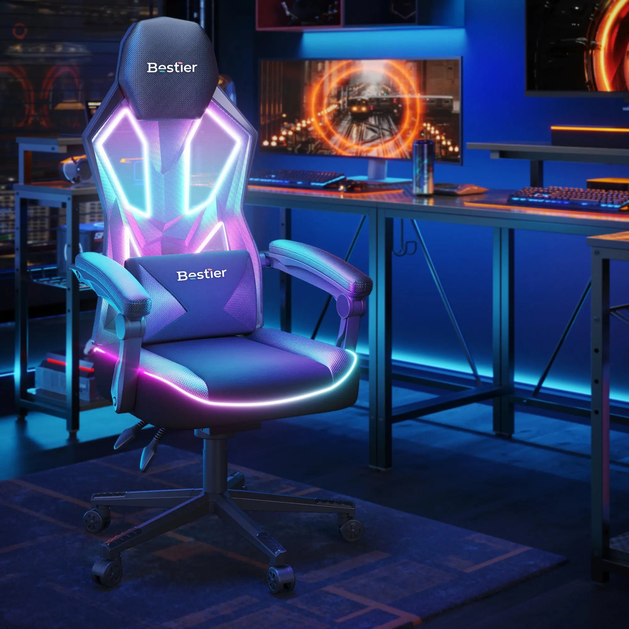 Bestier Gaming Chair Breathable High-Back Mesh Fabric, Led Gamer Chair for Adults with Comfortable Cushion, Lumbar Support, Linkage Armrests for Gamer, Kids, Students Bestier