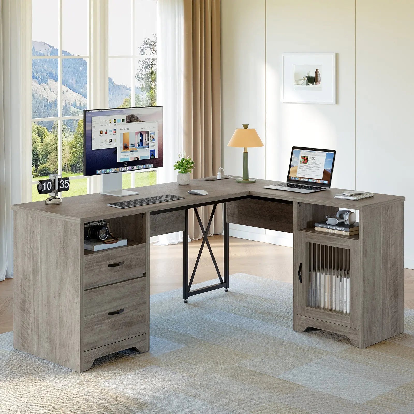 Bestier 63" Farmhouse L Shaped Desk Office Computer Desk with Charging Station & Cabinet, Corner Desk with File Drawers for Home Office Bestier