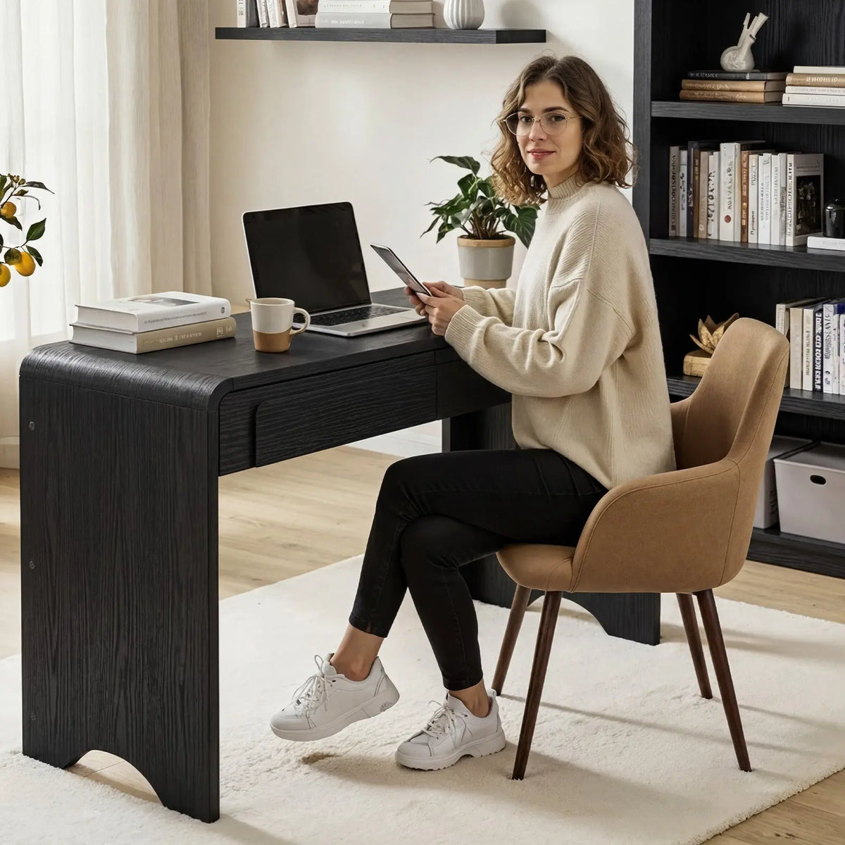 Bestier 47-Inch Wood Home Office Desk with 2 Drawers, Curved Handles, Waterfall Rounded Edges, Modern Black Writing Desk for Bedroom Study, Desk For Home Office Bestier