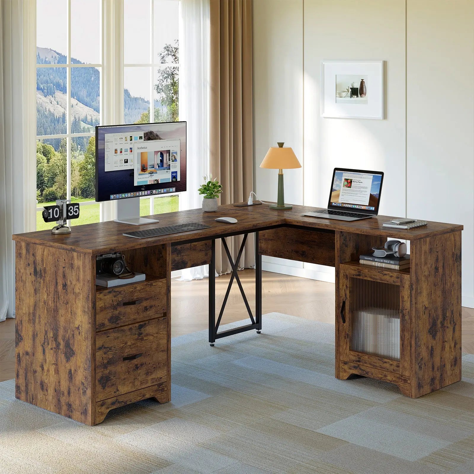 Bestier 63" Farmhouse L Shaped Desk Office Computer Desk with Charging Station & Cabinet, Corner Desk with File Drawers for Home Office Bestier