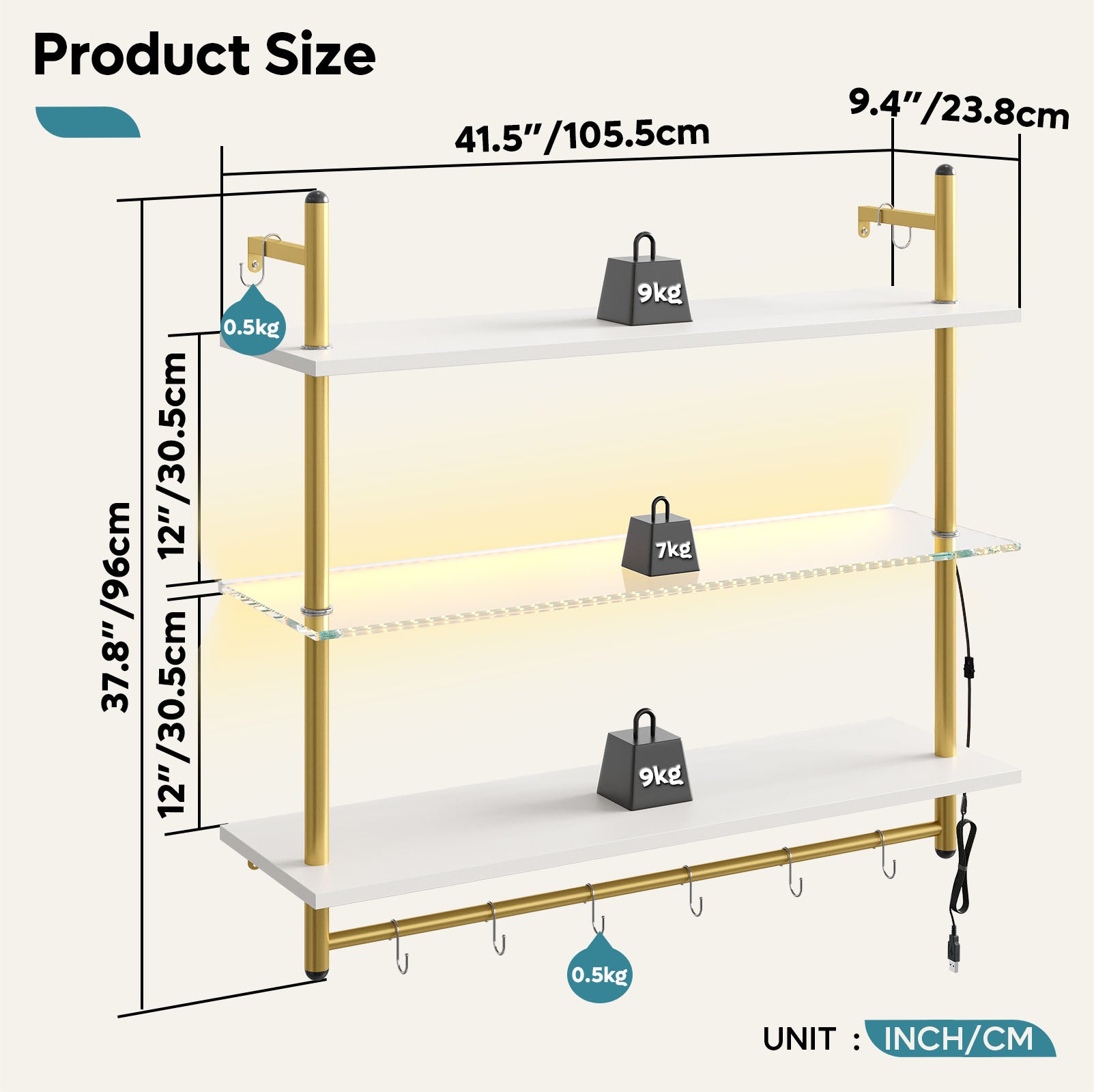 Bestier 41" Floating Shelves with LED Light, 3-Tier Wall-Mounted Wood Shelves with 8 S-Hooks, White Finish & Gold Frame