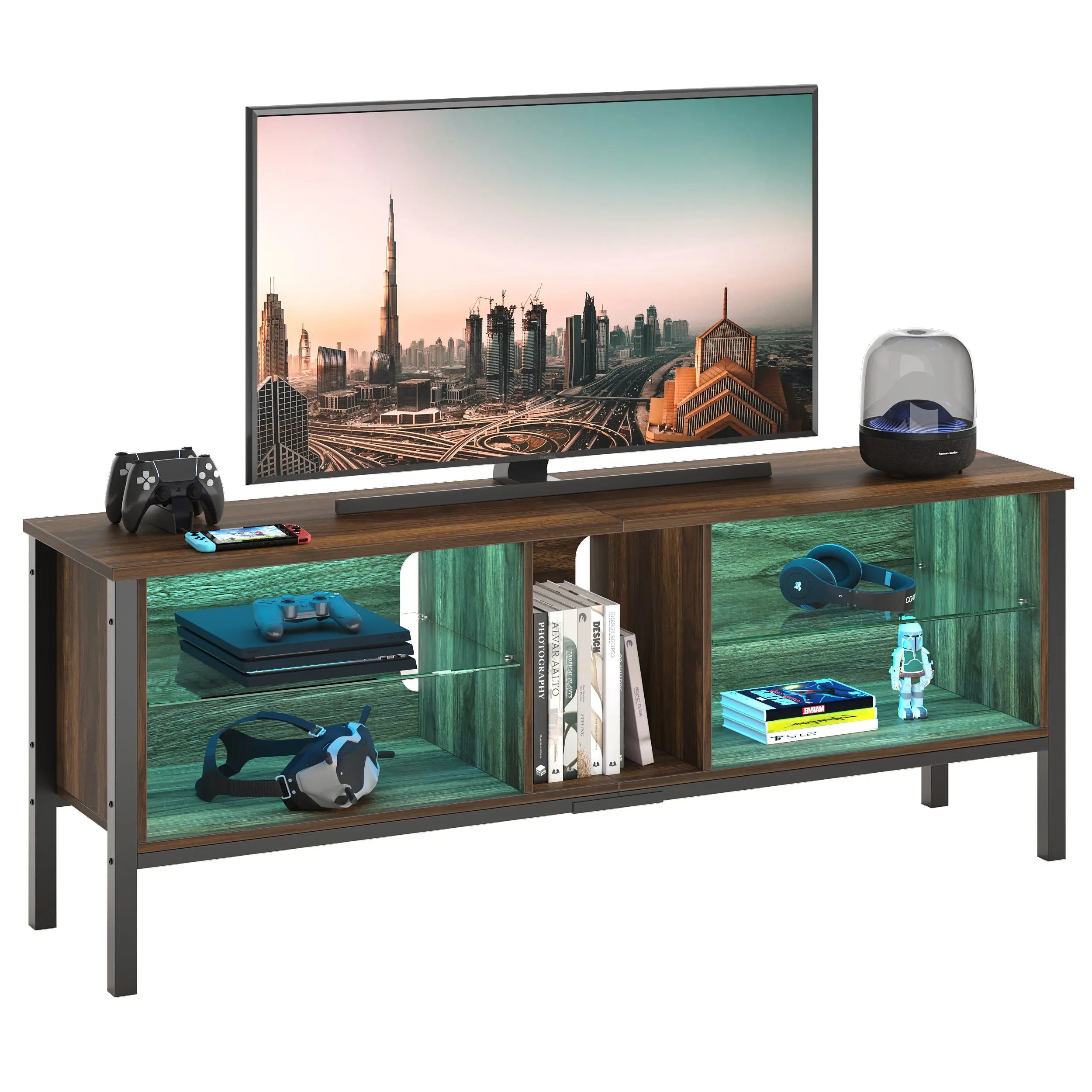 65 inch TV Stands for Living Room, Modern TV Console with Glass Shelves & LED Lights, Entertainment Center with Storage for Bedroom Bestier