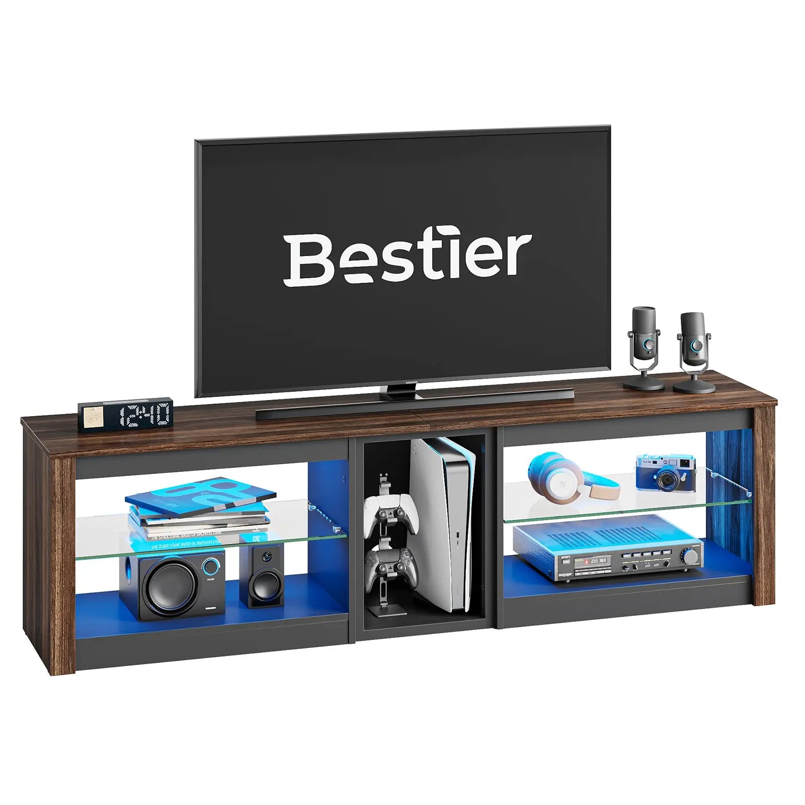 Bestier 63-inch TV Stand for 70 inch TV, Gaming Entertainment Center for PS5, LED TV Cabinet with Glass Shelves for Living Room Bestier
