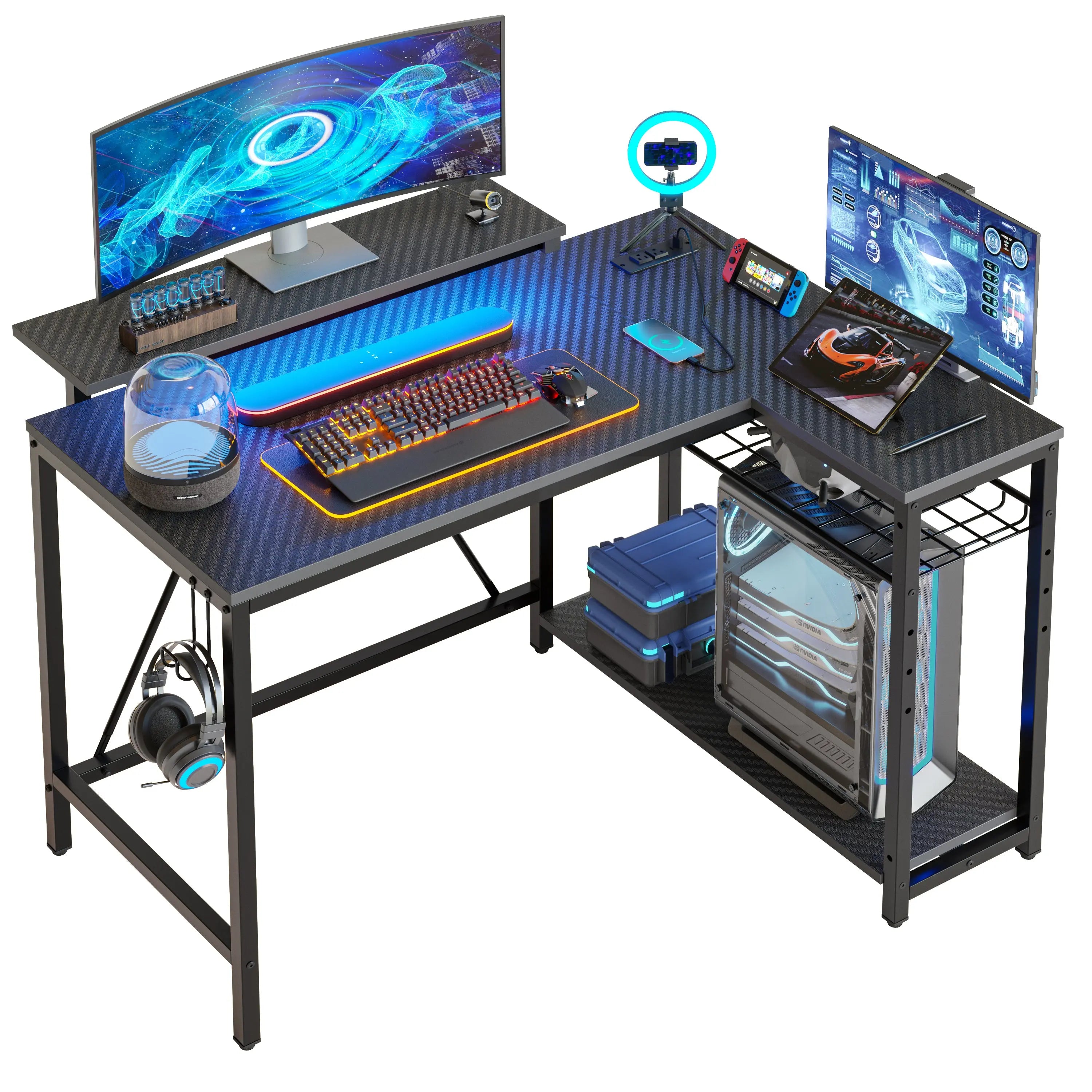 Bestier 42" Reversible L-Shaped Gaming Desk with Power Outlets LED Lights and Monitor Stand &Storage Shelves & Hooks for Bedrooms & Home Offices Bestier