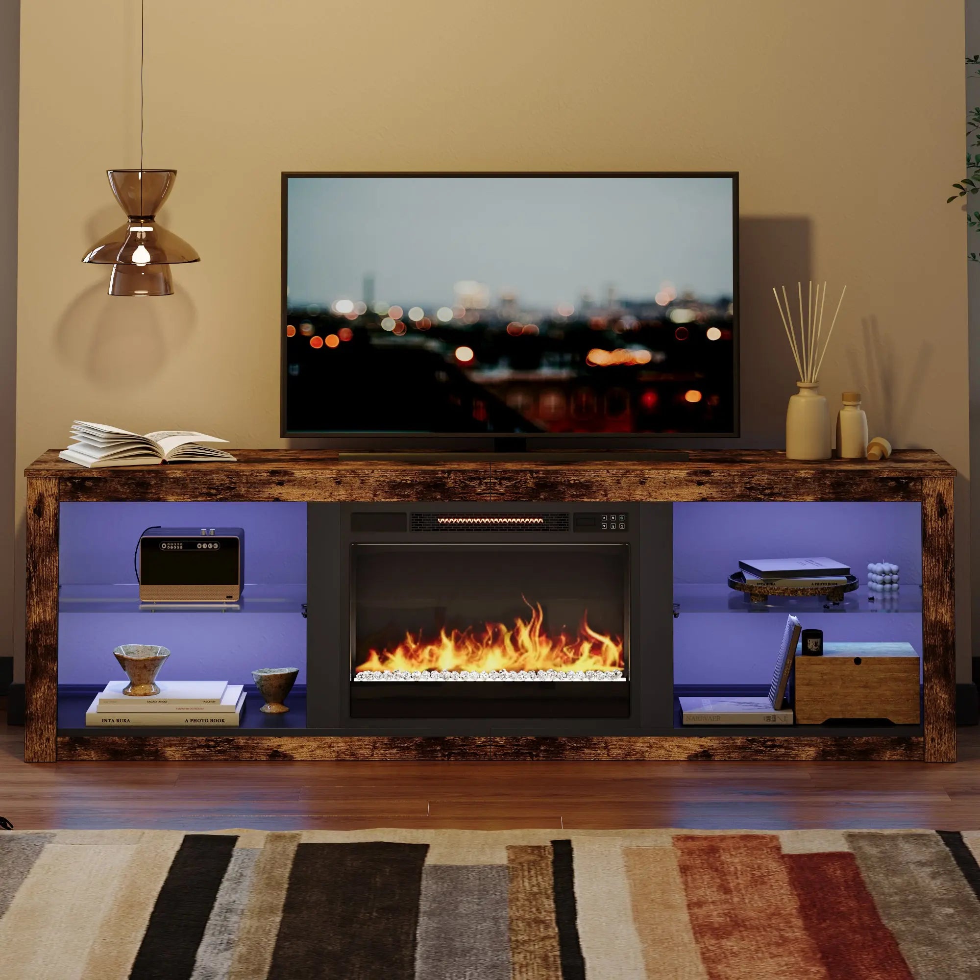 Bestier 70-inch fireplace TV stand with adjustable glass shelves and purple RGB lighting.