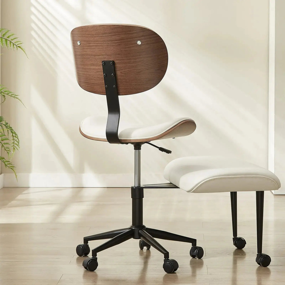 Bestier ergonomic cross-legged chair with bentwood back, white PU leather seat, adjustable height.