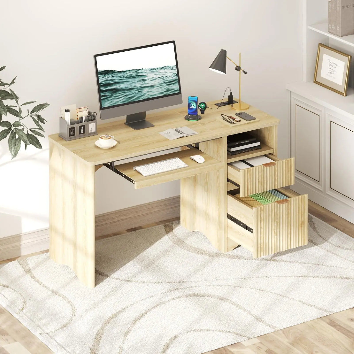 Bestier 55" Computer Writing PC Desk Home Office with Power Outlets Keyboard Tray and Storage Drawers, Log Bestier