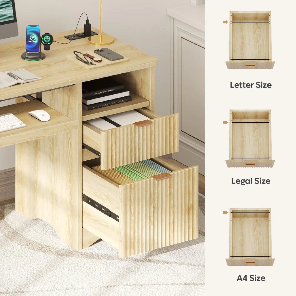 Bestier 55" Computer Writing PC Desk Home Office with Power Outlets Keyboard Tray and Storage Drawers, Log Bestier