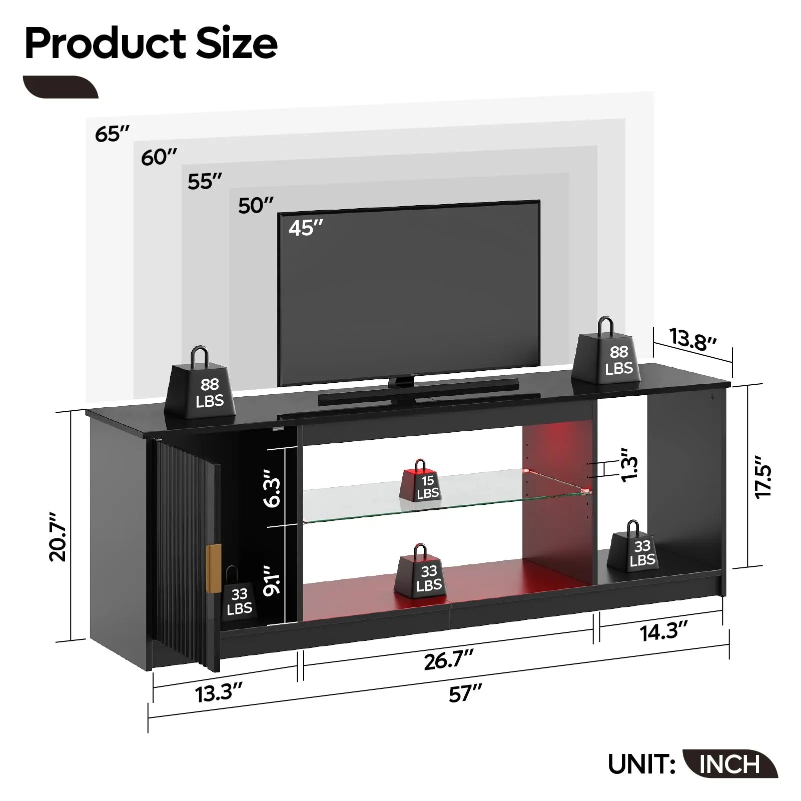Bestier Fluted TV Stand for TVs up to 65 inch with LED Lights, High Glossy Entertainment Center with Storage Cabinet & Shelves Bestier