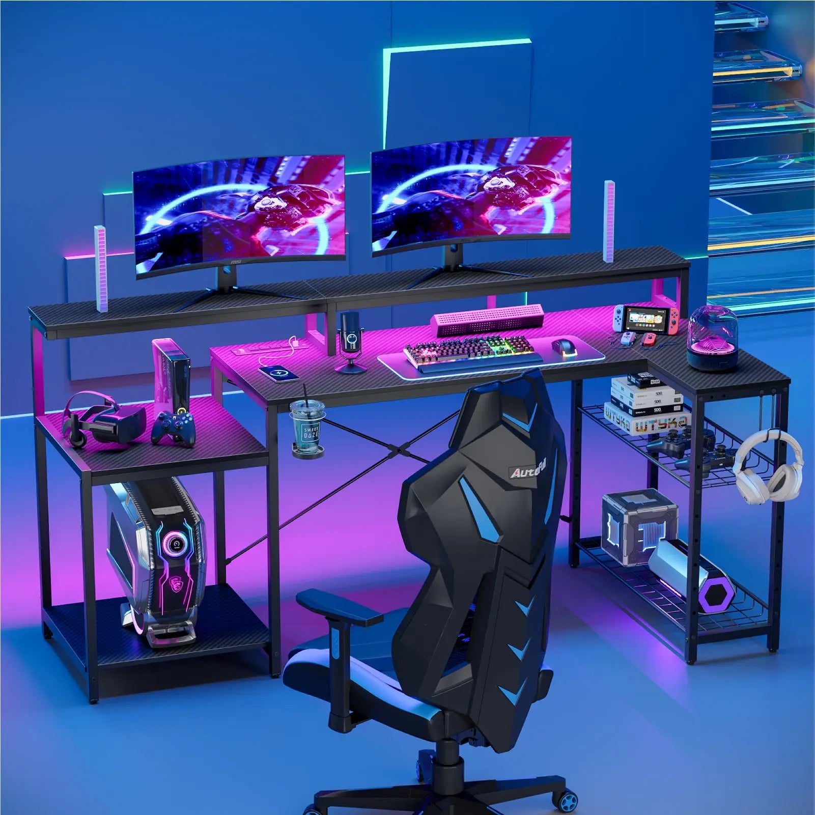 Gaming Desk with Power Outlet, 71.5 inch LED Computer Desk with Monitor Stand, L Shaped Large Desk with Metal Shelf, Cup Holder & Headset Hooks, Corner Desk for Bedroom 3D Carbon Fiber Bestier
