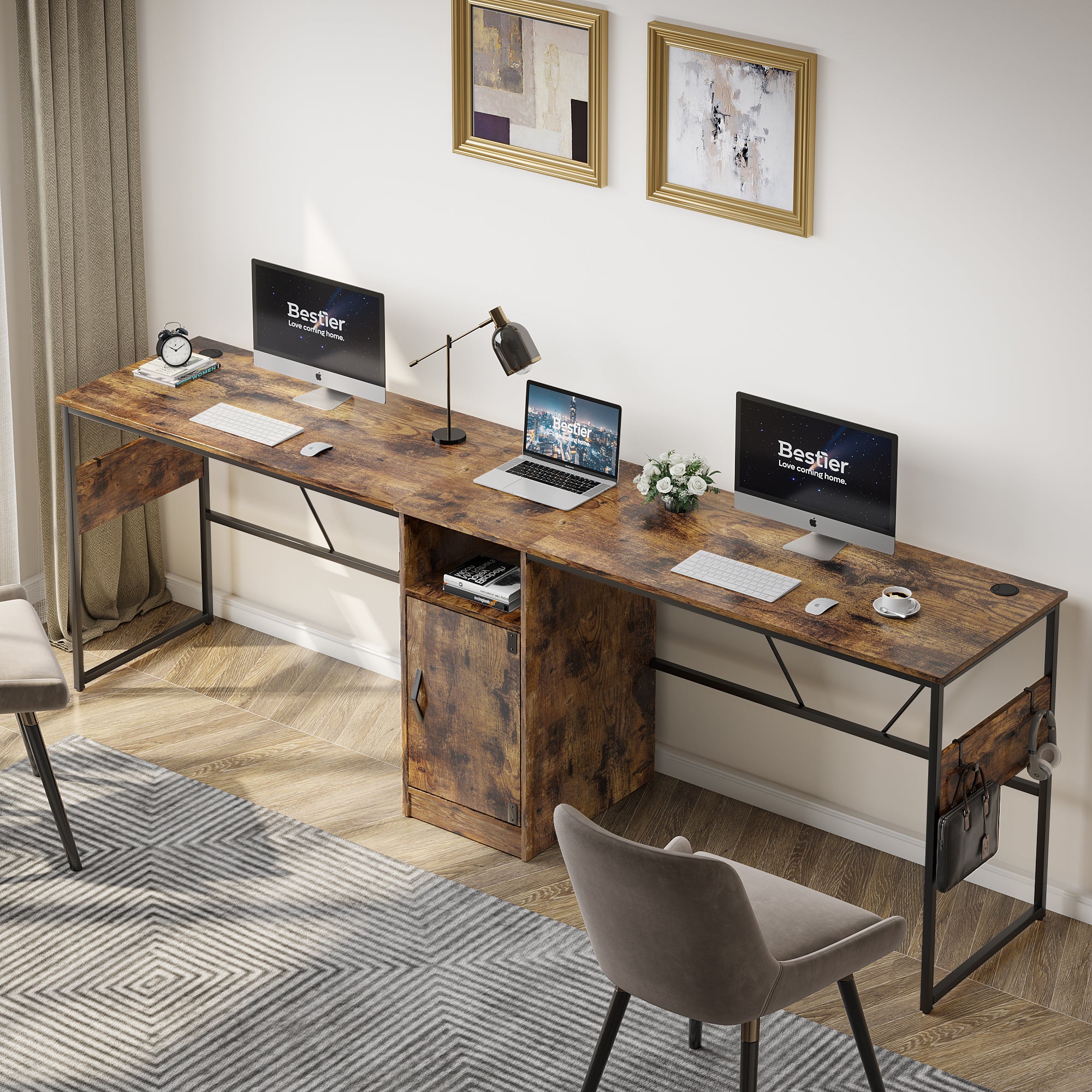 Bestier Reversible 60" L Shaped Corner Computer Desk with Removeable Hooks, 95" Long Table Desk with Storage Cubby & Cabinet for Home Office