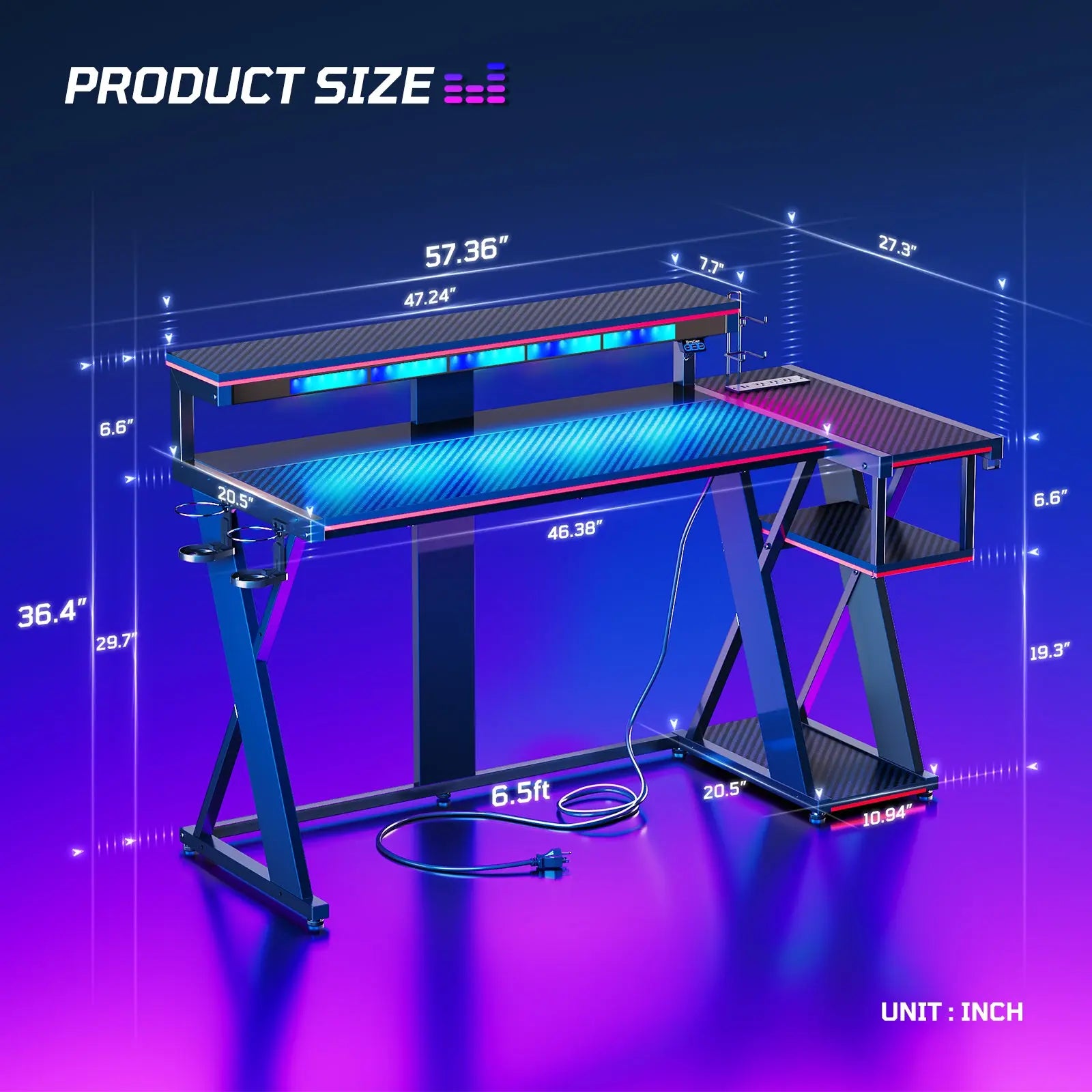 57-inch L-shaped Gaming Desk with RGB Music Sync Lights, 3 AC Outlets & Dual Cup Holders, Black Bestier