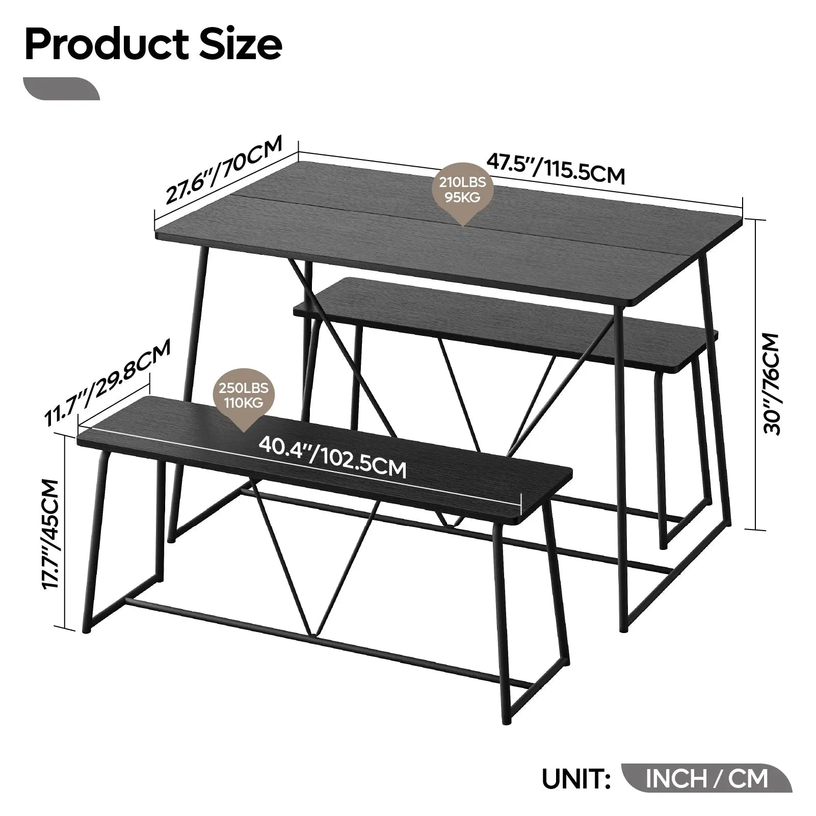 47.5 Inch Dining Table Set for 4, Modern Kitchen Room Table Set with 2 Benches, 3-Piece Dining Chairs Set for Breakfast Nook Bestier