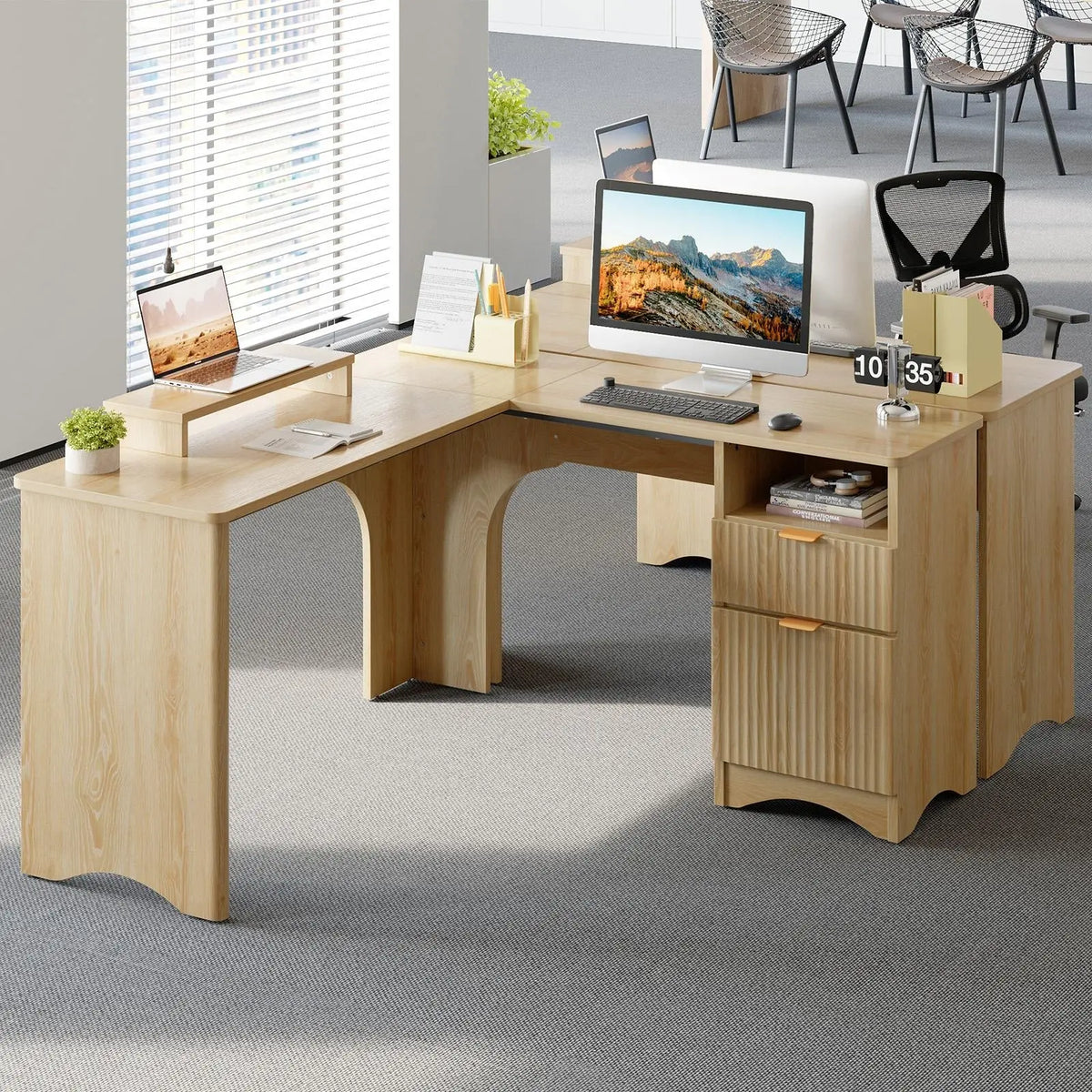 BESTIER Adjustable L-Shaped Ergonomic Gaming PC Desk - Office Furniture with Monitor Stand, A4 Drawer Fit, Open Shelf, Posture Support, Dual Monitor Compatibility, Sturdy Desks & Workstations, Assembly Required, Home Office Use Bestier