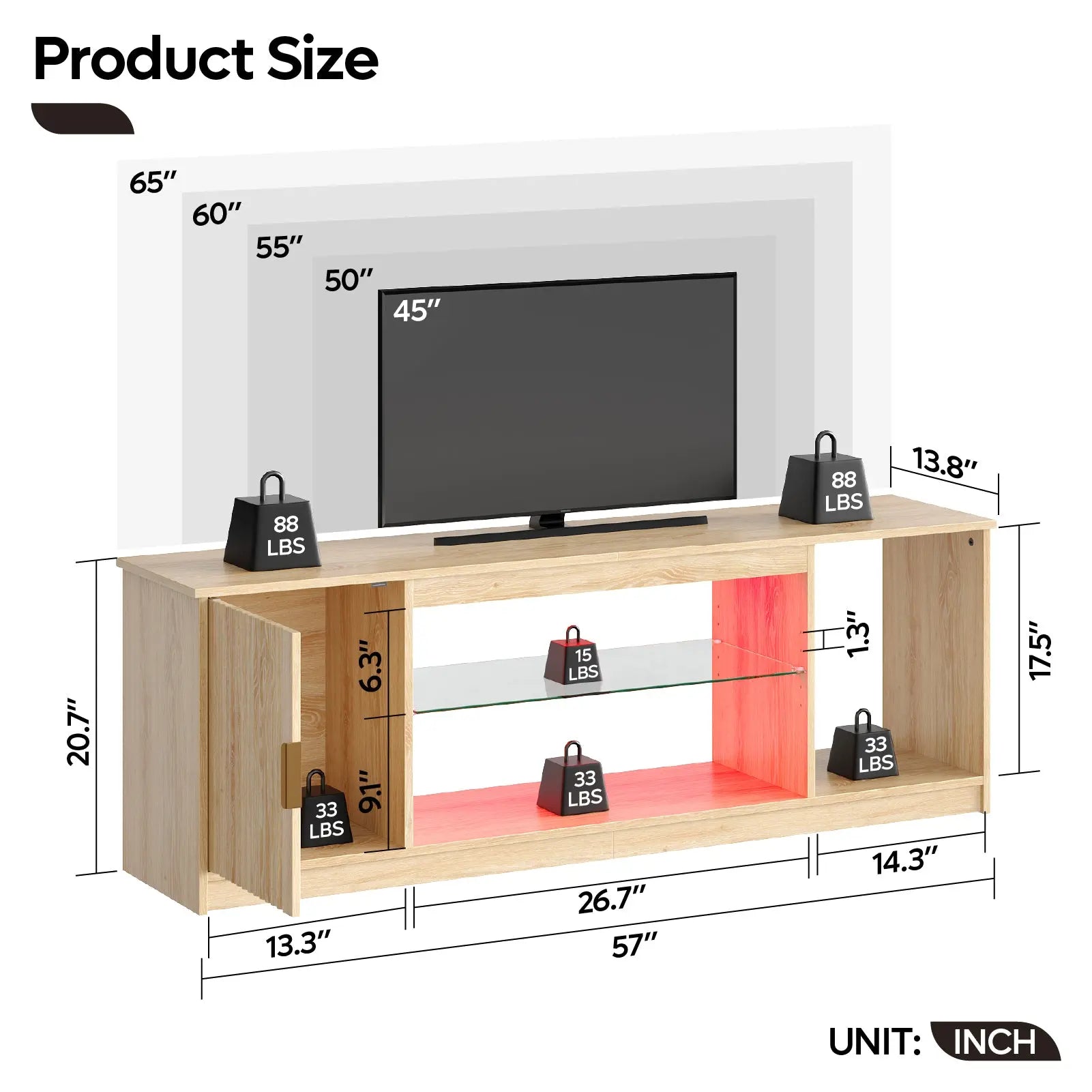 57" Gaming TV Stand with Adjustable Shelves LED-Lit TV Console for 65-Inch TVs with Cabinet Storage Bestier