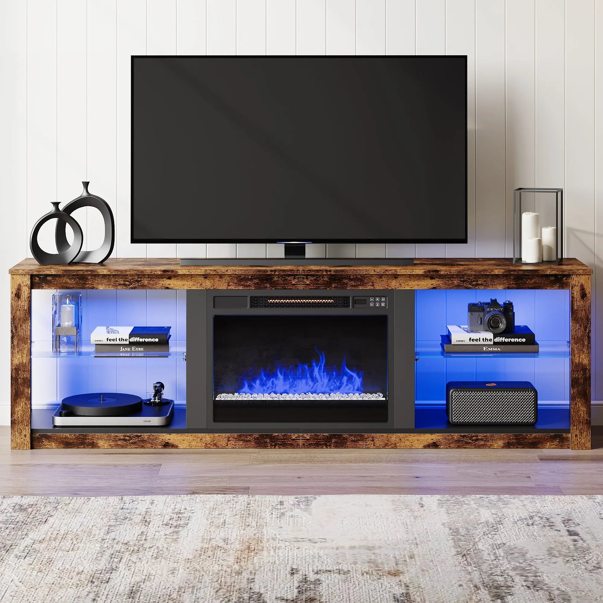 Bestier 70-inch rustic wood fireplace TV stand with blue LED lights & adjustable glass shelves.
