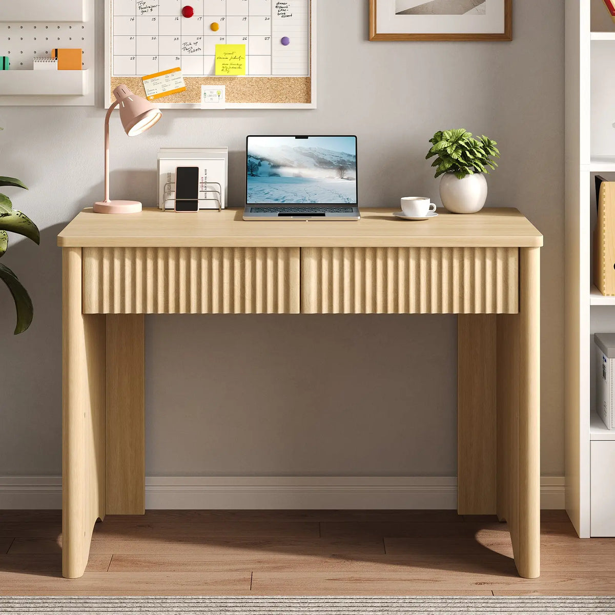 Bestier 40 In Fluted Wood Office Desk - Commercial Furniture with 2 Silent Drawers, Light Wood Finish Bestier