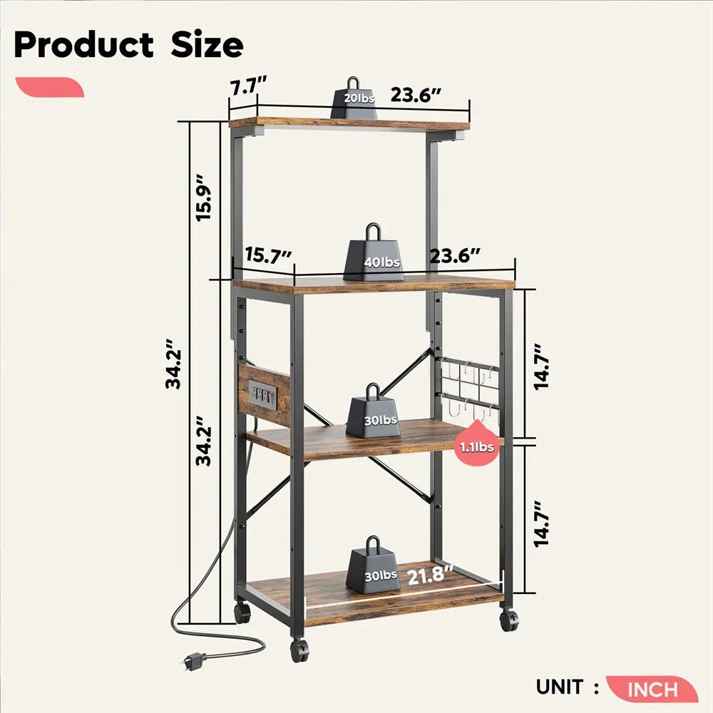 the size of 4-Tier Kitchen Microwave Stand Cart with Power Outlet - Bestier