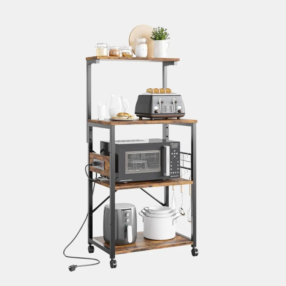  A variety of kitchen utensils are accommodated by 4-Tier Kitchen Microwave Stand
