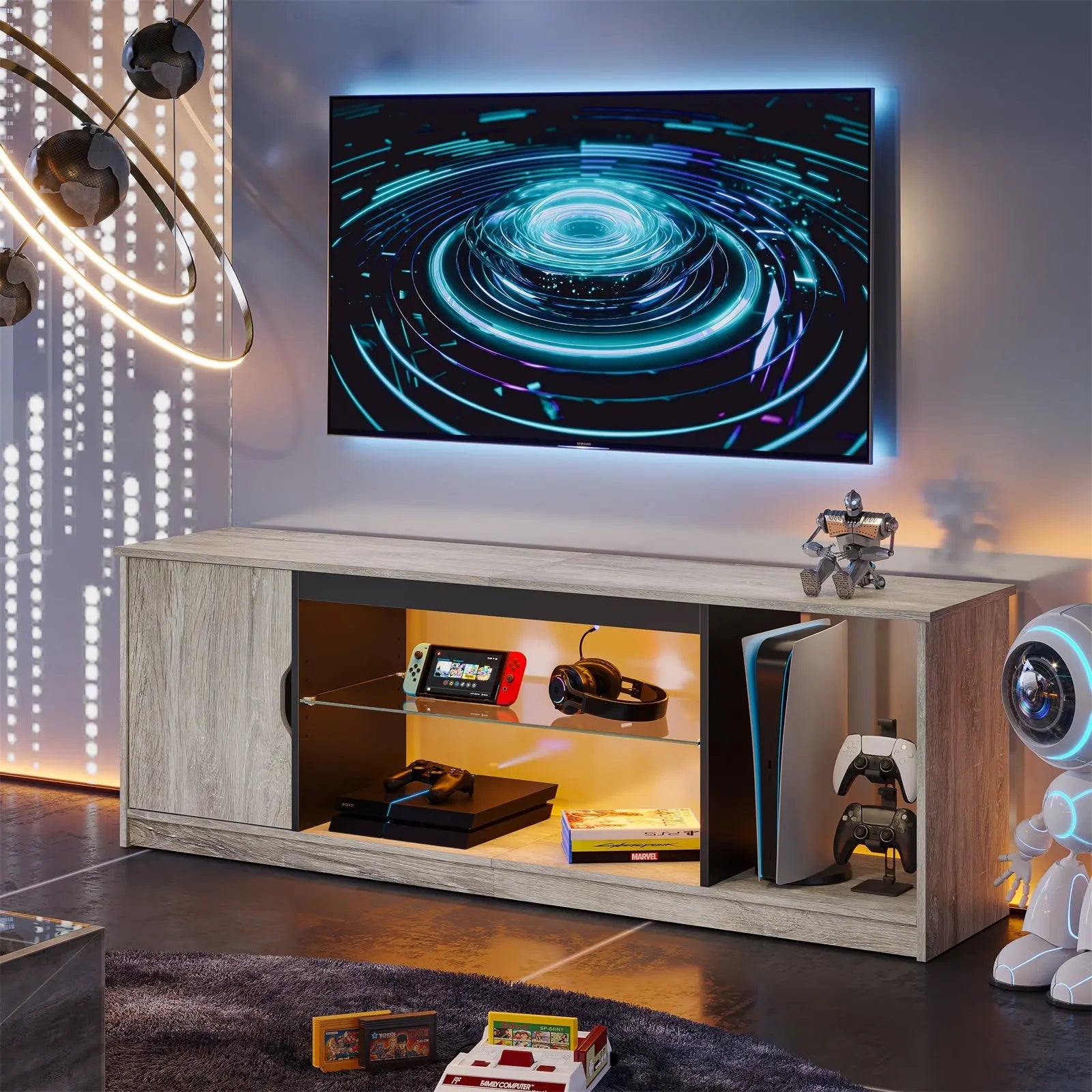 57-inch Gaming TV Stand with RGB Lights, Adjustable Glass Shelves & PS Console Storage Bestier