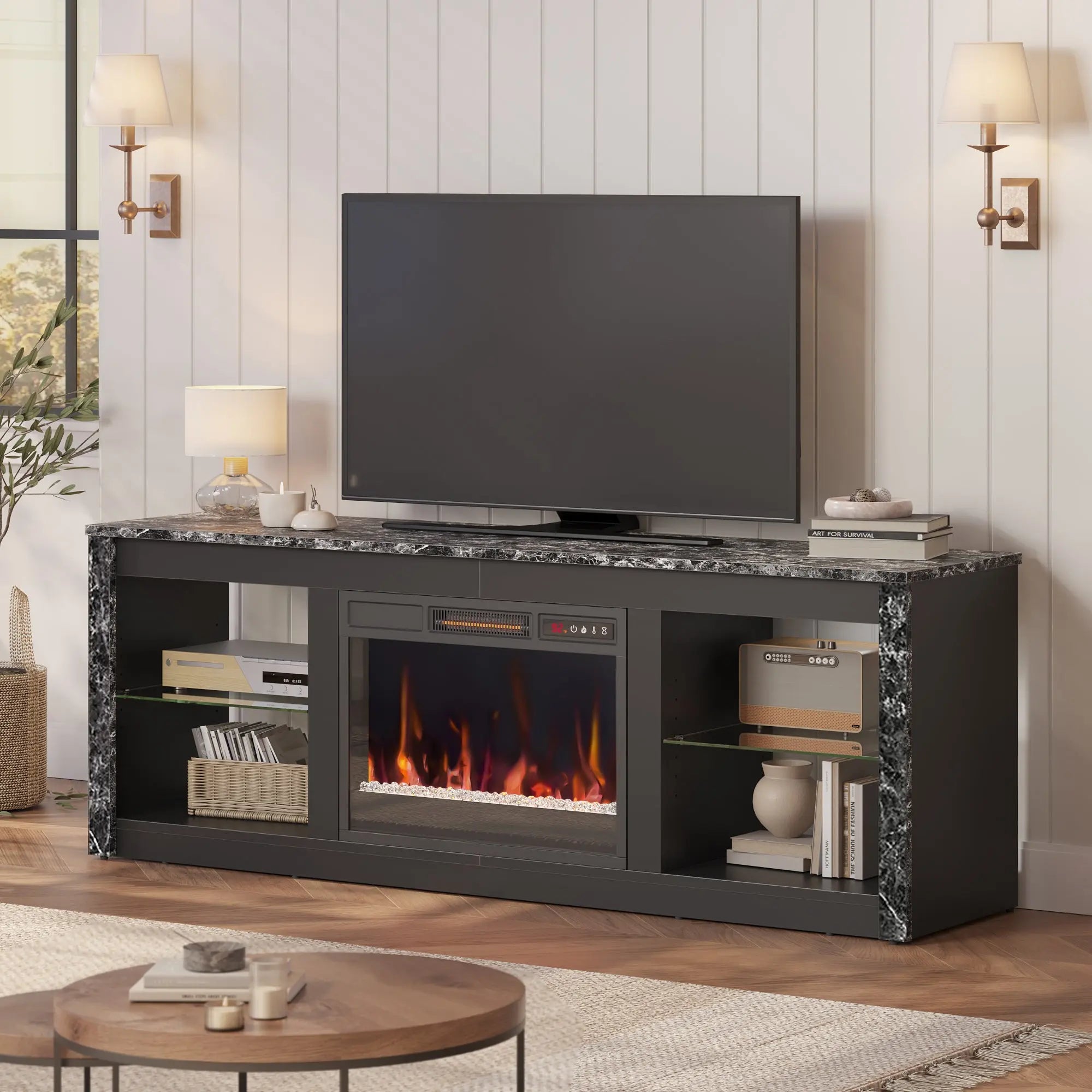 Bestier Modern Electric Fireplace TV Stand for TVs up to 55", with LED and Glass Shelves Bestier